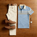 Men's Casual Blue & Beige Color Matching Retro Style Printed Short Sleeved Polo Shirt & Trousers Two-Piece Set