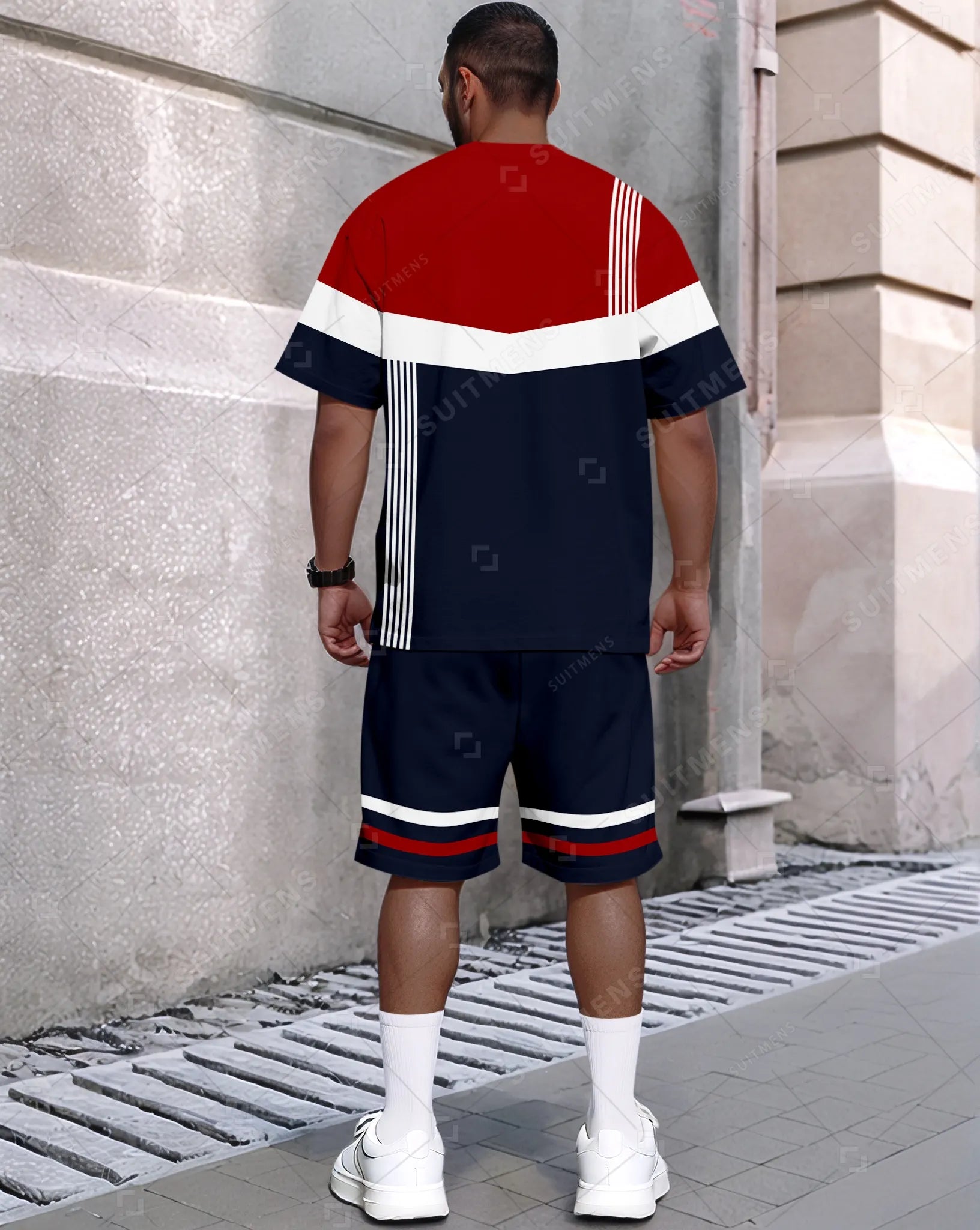 Men's Summer Colorblock Printed Round Neck Set 480