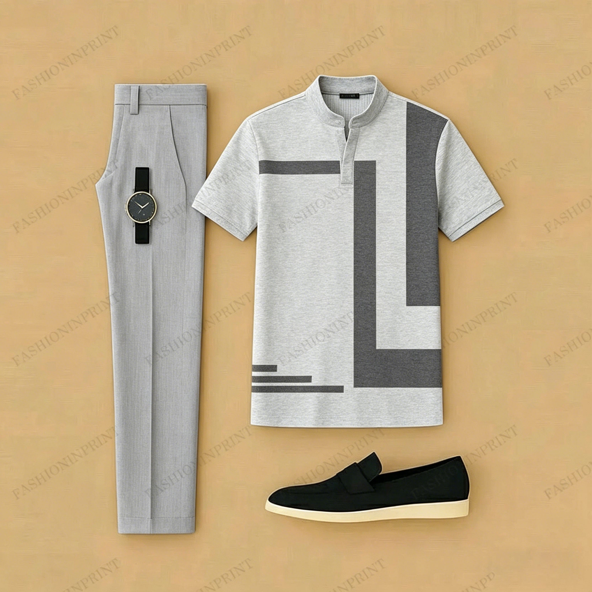 Men's Casual Light Gray Geometric Printed Short-Sleeve T-Shirt And Pants Two-Piece Set