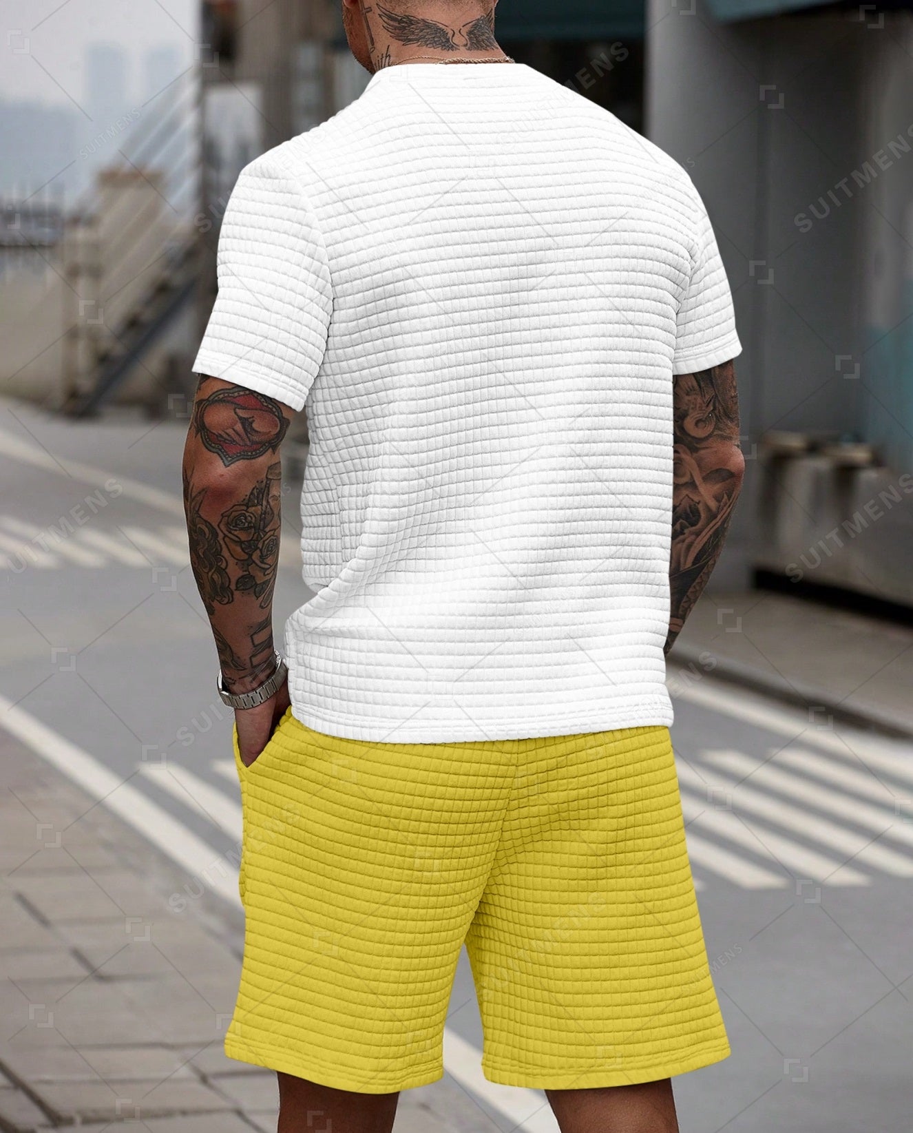 Men's Casual Waffle Textured Summer Round Neck Short Sleeve Shorts Set 008