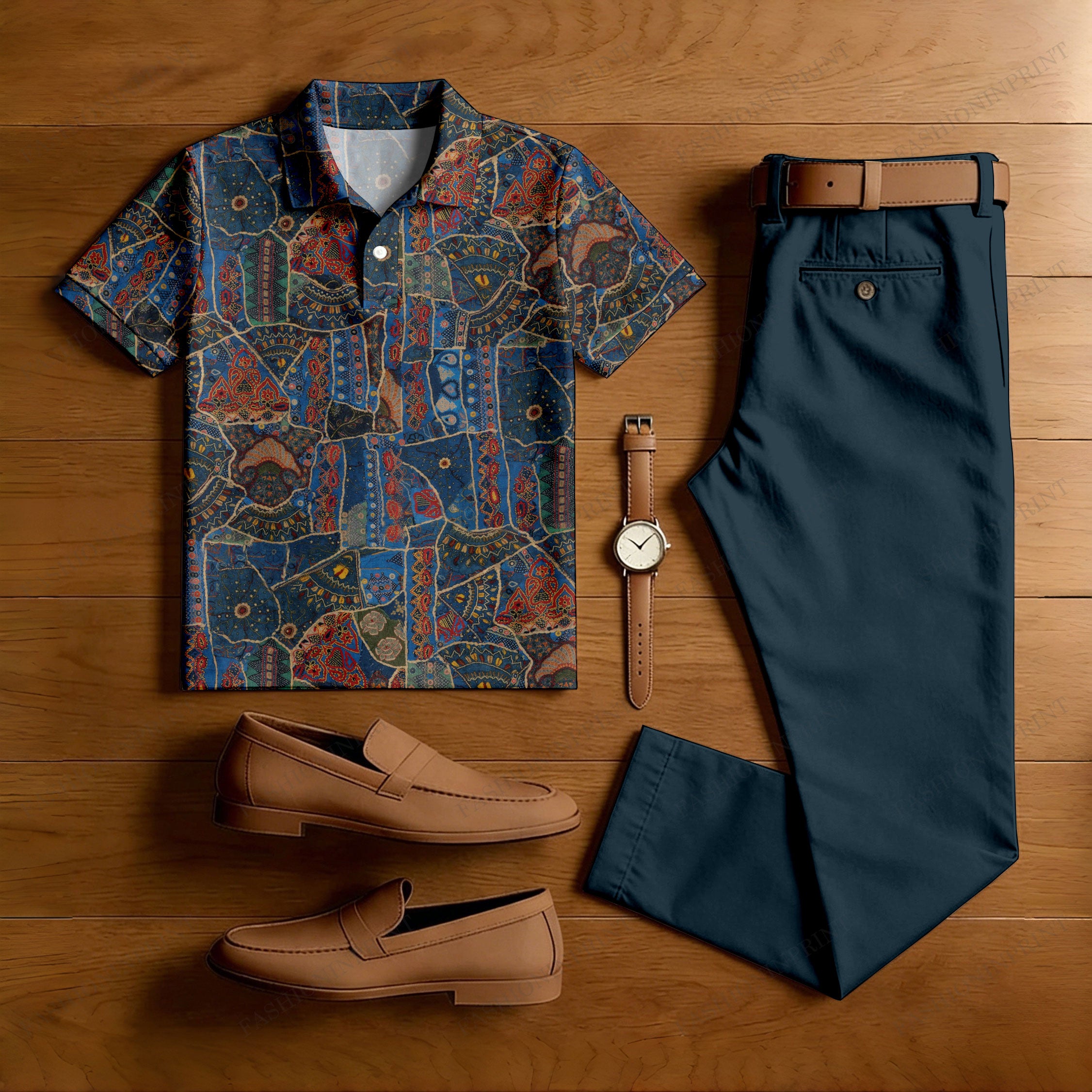 Men's Casual Green Printed Polo Shirt And Pants Two-Piece Set