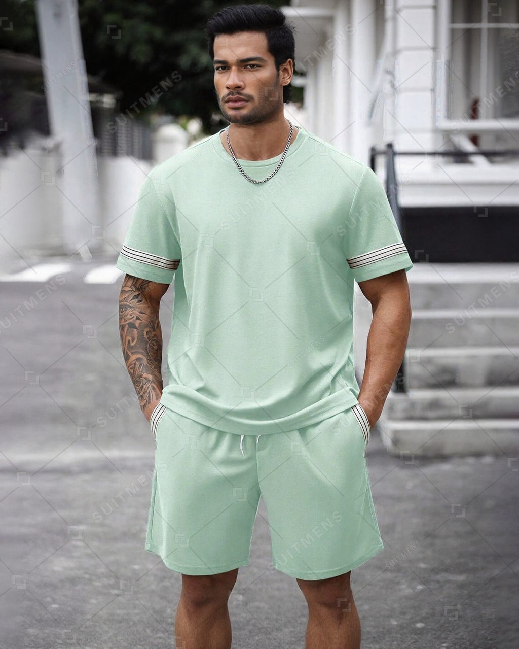 Men's Summer Simple Waffle Round Neck Set 419