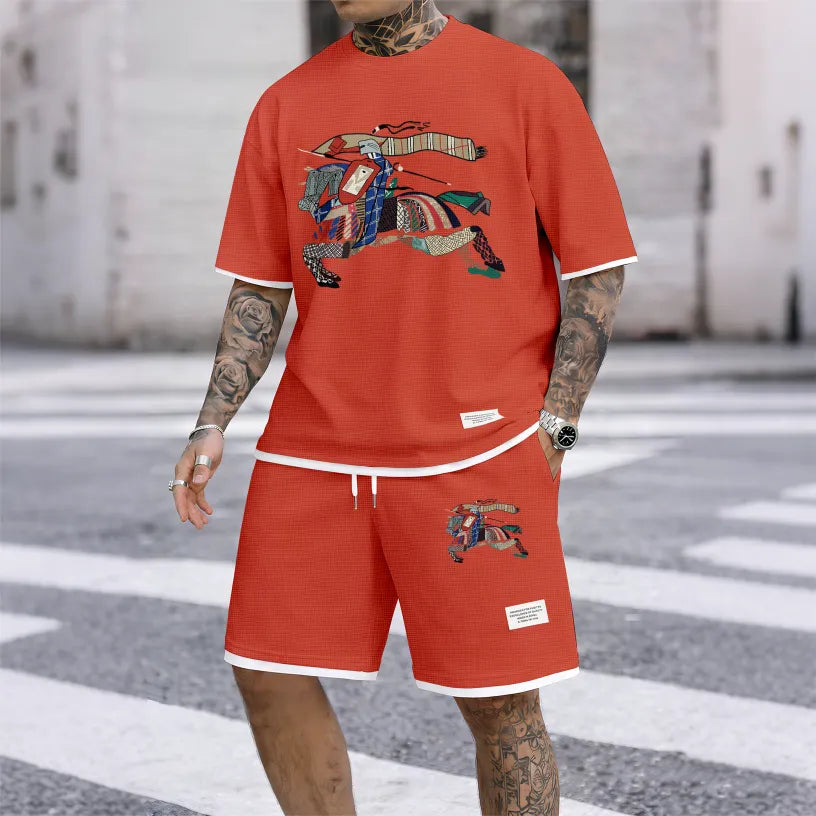 Men's Casual Style Knight Print Waffle Fabric Short-Sleeved Shirt And Shorts Set