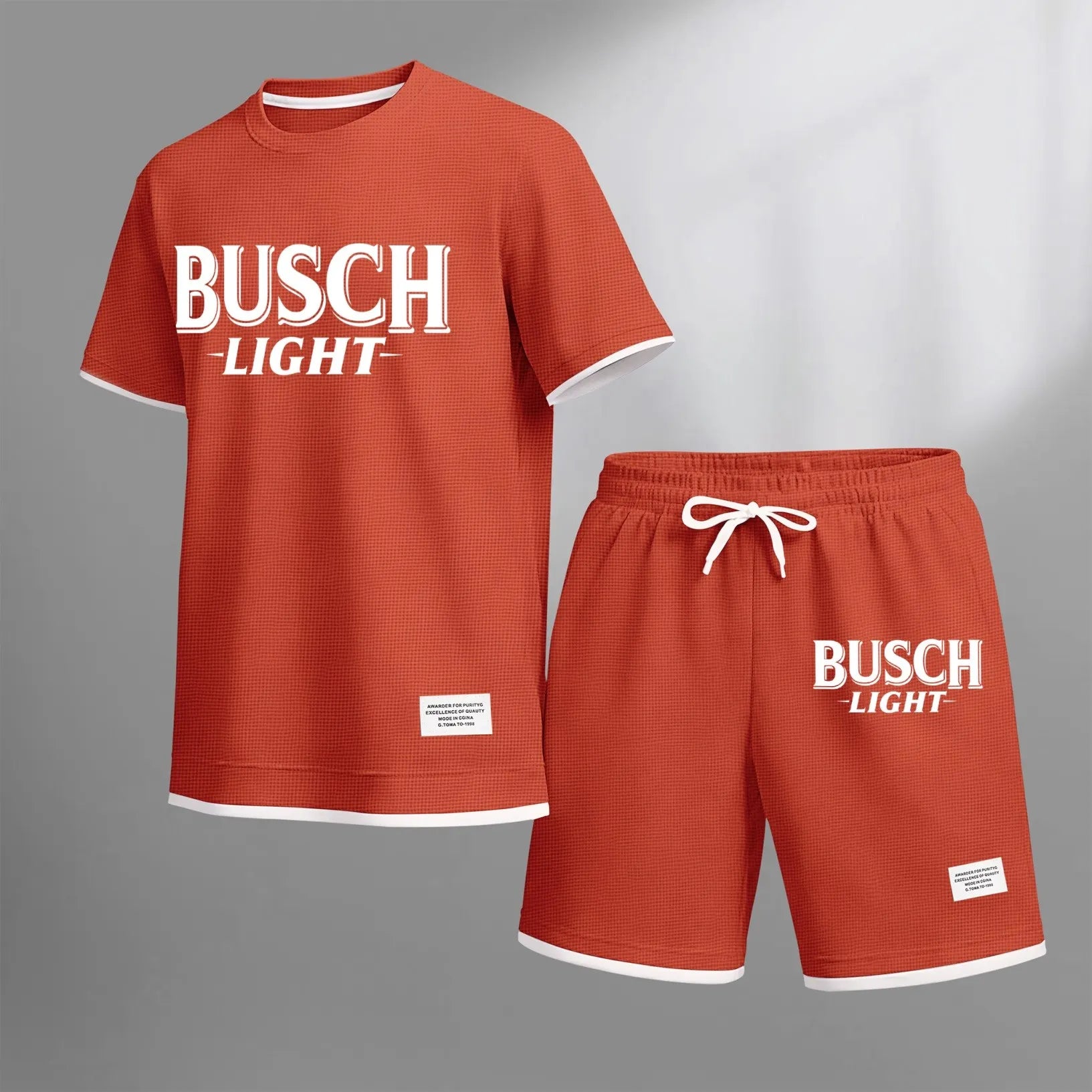 Men's vintage beverage print drawstring shorts set, suitable for spring and summer wear. This casual summer set includes a short-sleeved shirt and shorts, perfect for everyday wear and sports. Two-piece set design.