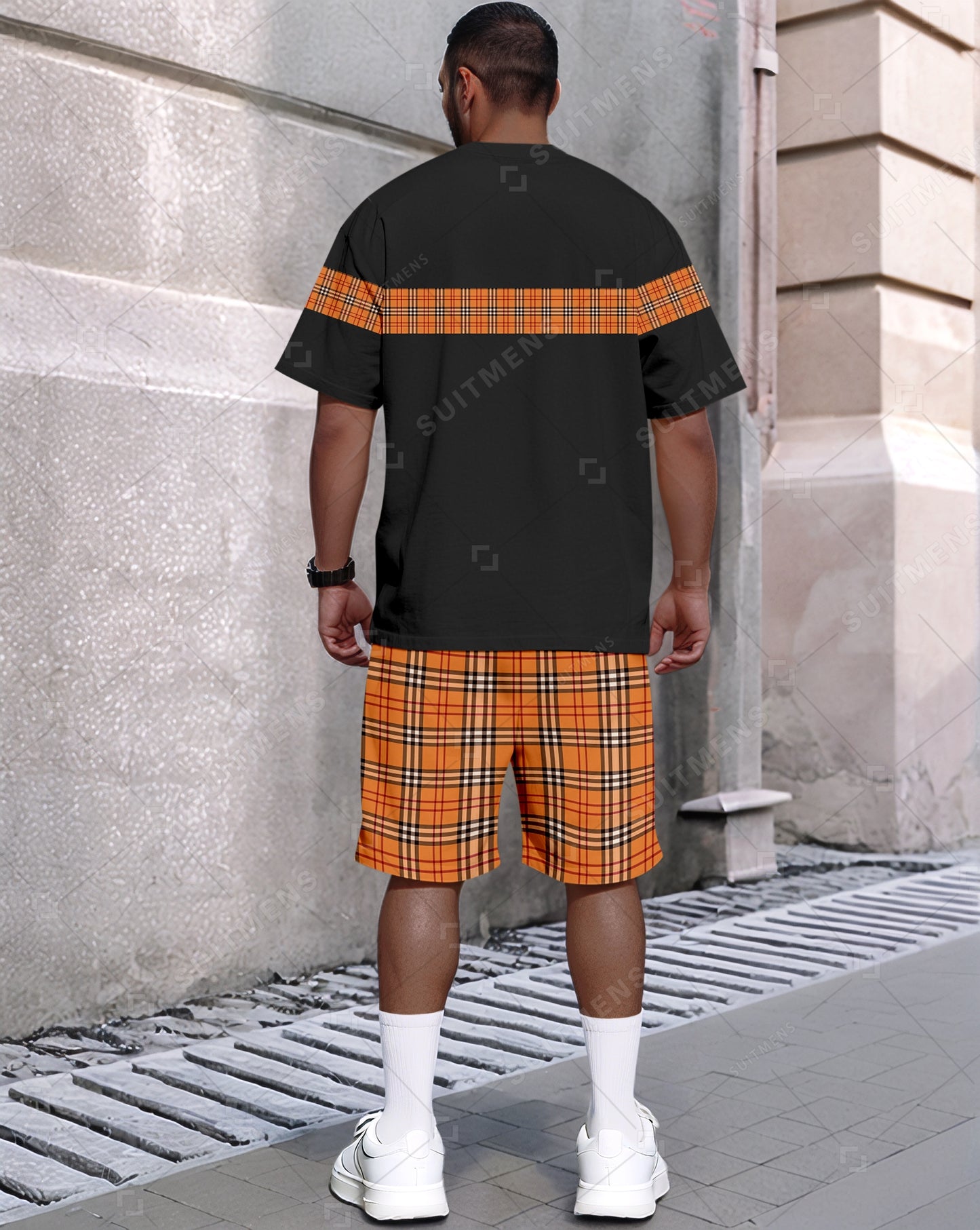 Men's Summer Colorblock Plaid Print Round Neck Set 478