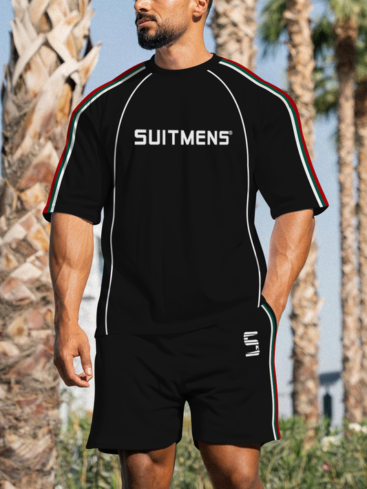 Suitemns Men's Casual Sports Street Simple Color Block Printed Shorts Suit 028
