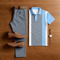 Men's Casual Blue & Gray Geometric Shapes Printed Polo Shirt And Pants Two-Piece Set
