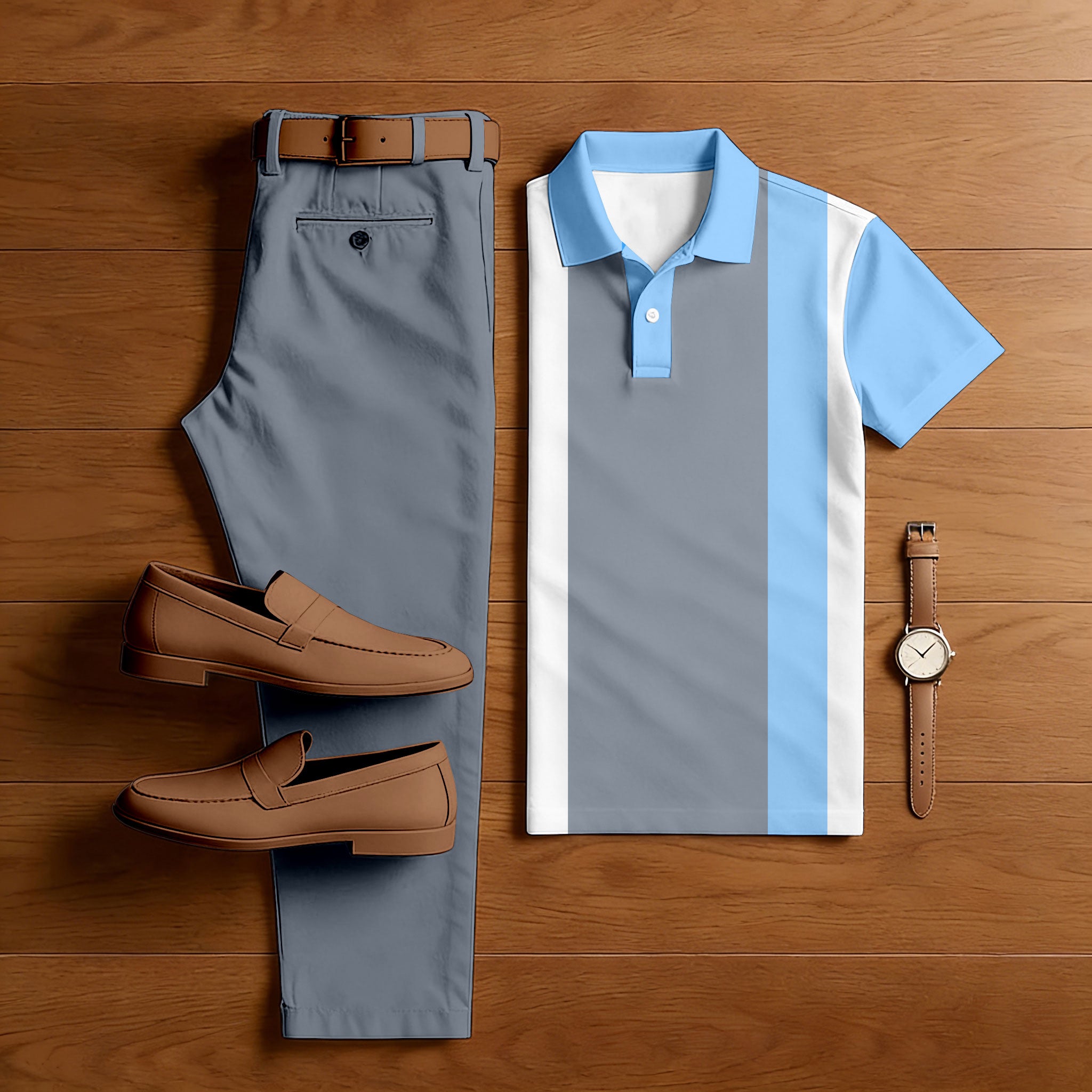 Men's Casual Blue & Gray Geometric Shapes Printed Polo Shirt And Pants Two-Piece Set