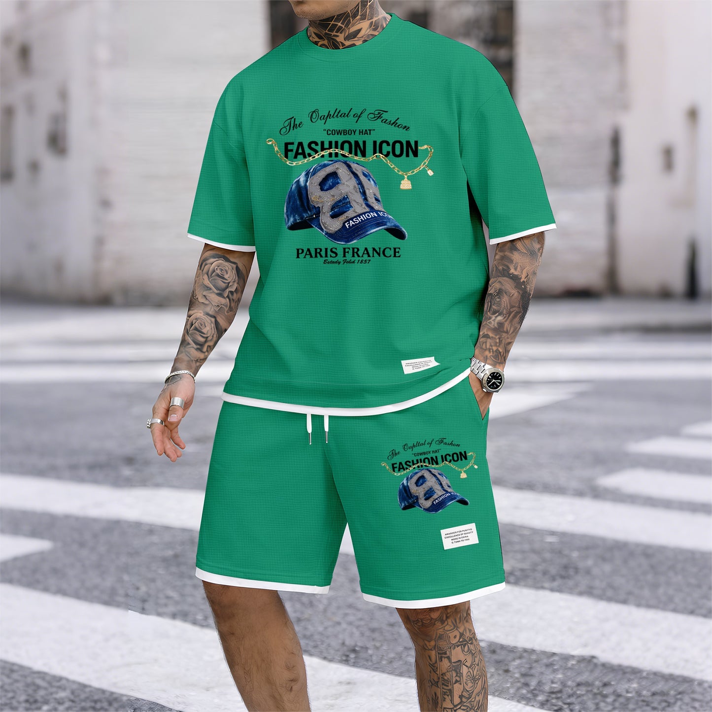 Men's Retro Cool Letter Print Short Sleeve T-Shirt & Shorts Set, Summer Lightweight Waffle Sporty Casual Two-Piece Outfit, Streetwear for Gym & Daily Wear
