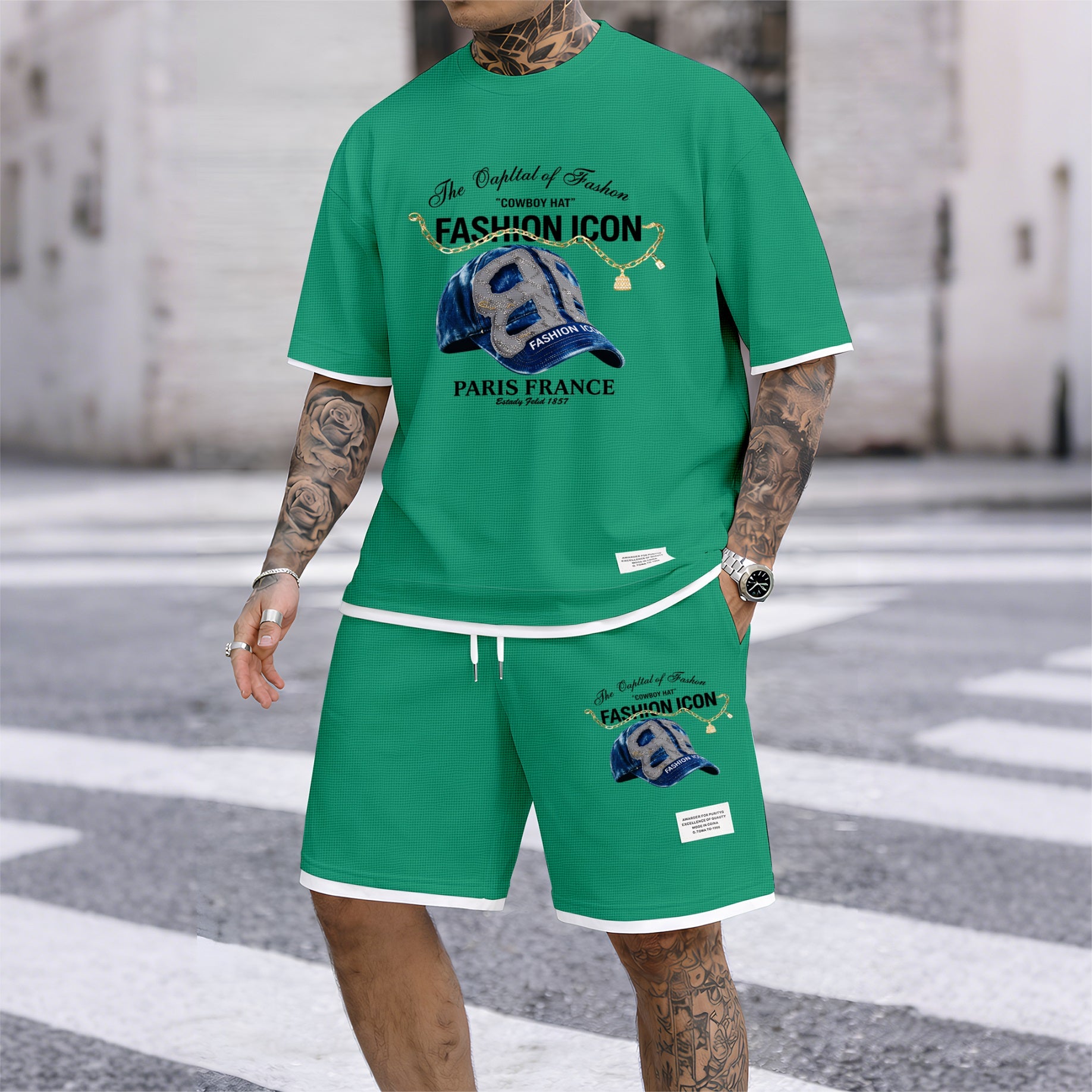 Men's Retro Cool Letter Print Short Sleeve T-Shirt & Shorts Set, Summer Lightweight Waffle Sporty Casual Two-Piece Outfit, Streetwear for Gym & Daily Wear