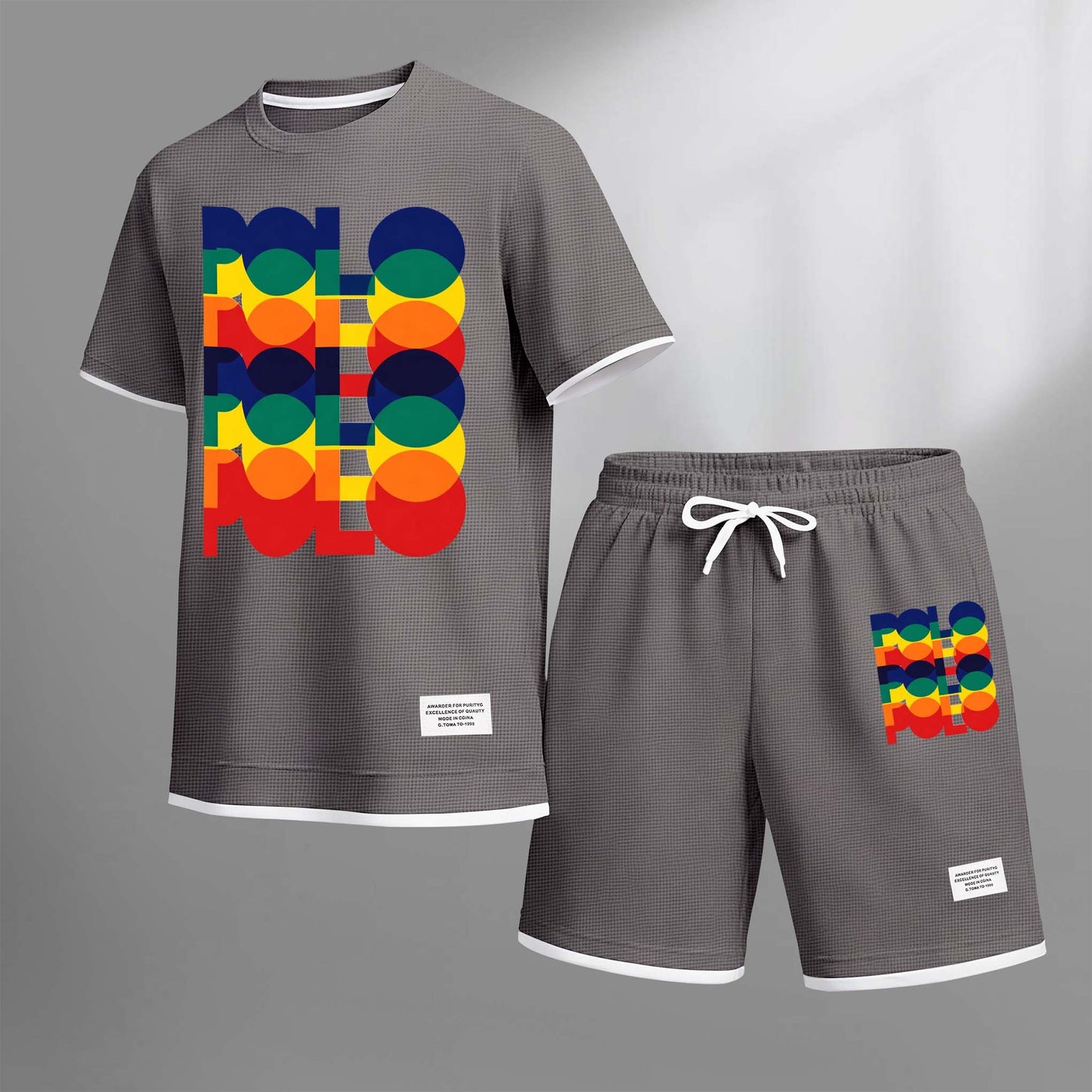 Men's Polo Print Drawstring Shorts Set For Spring/Summer. A Casual Summer Outfit, Including A Short-Sleeved Shirt And Shorts, Suitable For Everyday Wear And Sports. A Two-Piece Set For A Relaxed And Energetic Lifestyle.