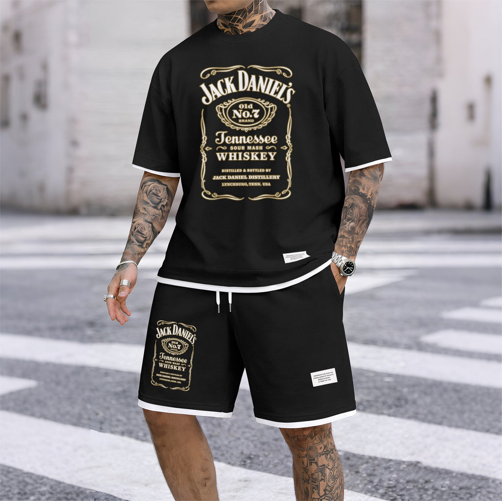 Men's Beer And Beverage Printed Drawstring Shorts Set, Suitable For Spring And Summer Wear, Casual Summer Set, Including Short-Sleeved Shirt And Shorts, Suitable For Everyday Wear And Sports 03