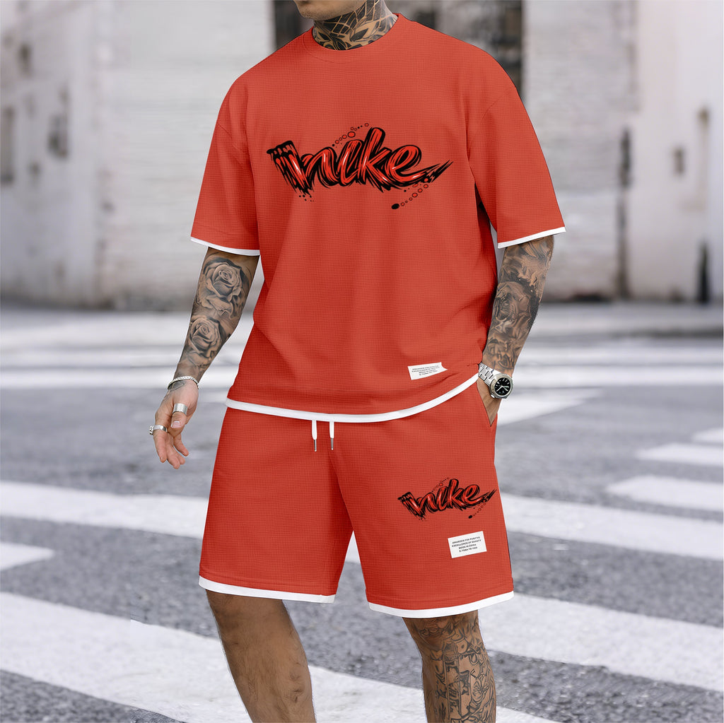 Men's Red Graffiti-Style Art Letter Print Fake Two-Piece Short Sleeve T-Shirt & Shorts Set, Summer Waffle Breathable Sporty Casual Two-Piece Outfit, Streetwear Gym Training Activewear