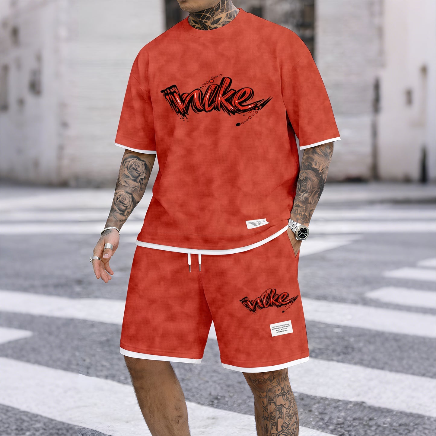 Men's Red Graffiti-Style Art Letter Print Fake Two-Piece Short Sleeve T-Shirt & Shorts Set, Summer Waffle Breathable Sporty Casual Two-Piece Outfit, Streetwear Gym Training Activewear
