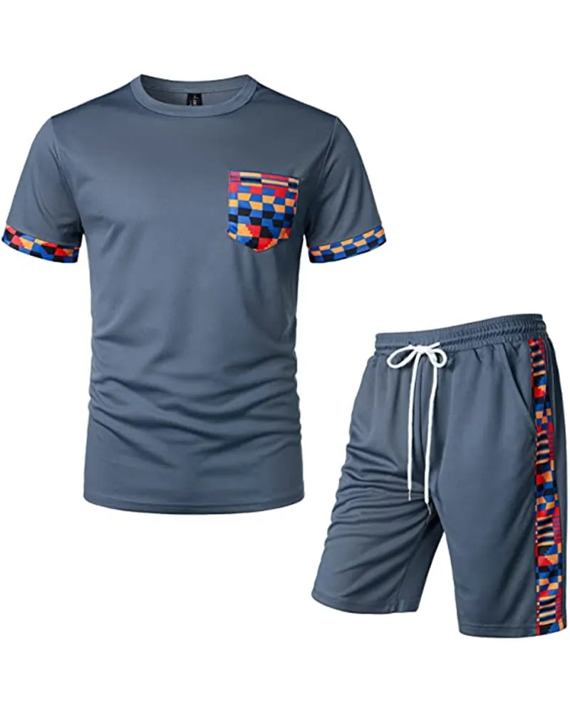 Men's Printed Colorblock T-Shirt and Shorts Set 001