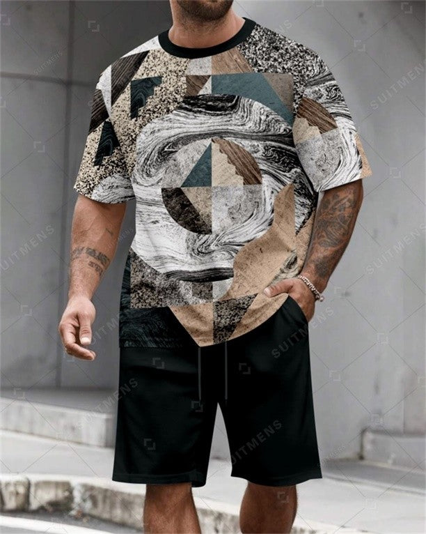 Men's Summer Colorblock Printed Round Neck Set 808