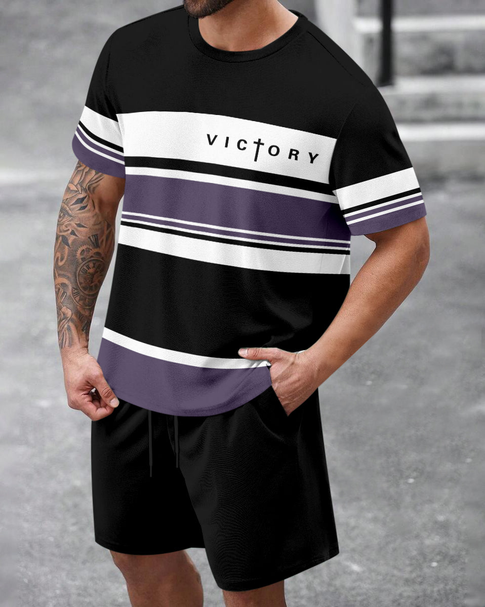 Men's Summer Colorblock Printed Round Neck Set 468