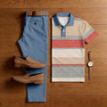 Men's Casual Color Blocking Geometry Printed Polo Shirt And Pants Two-Piece Set
