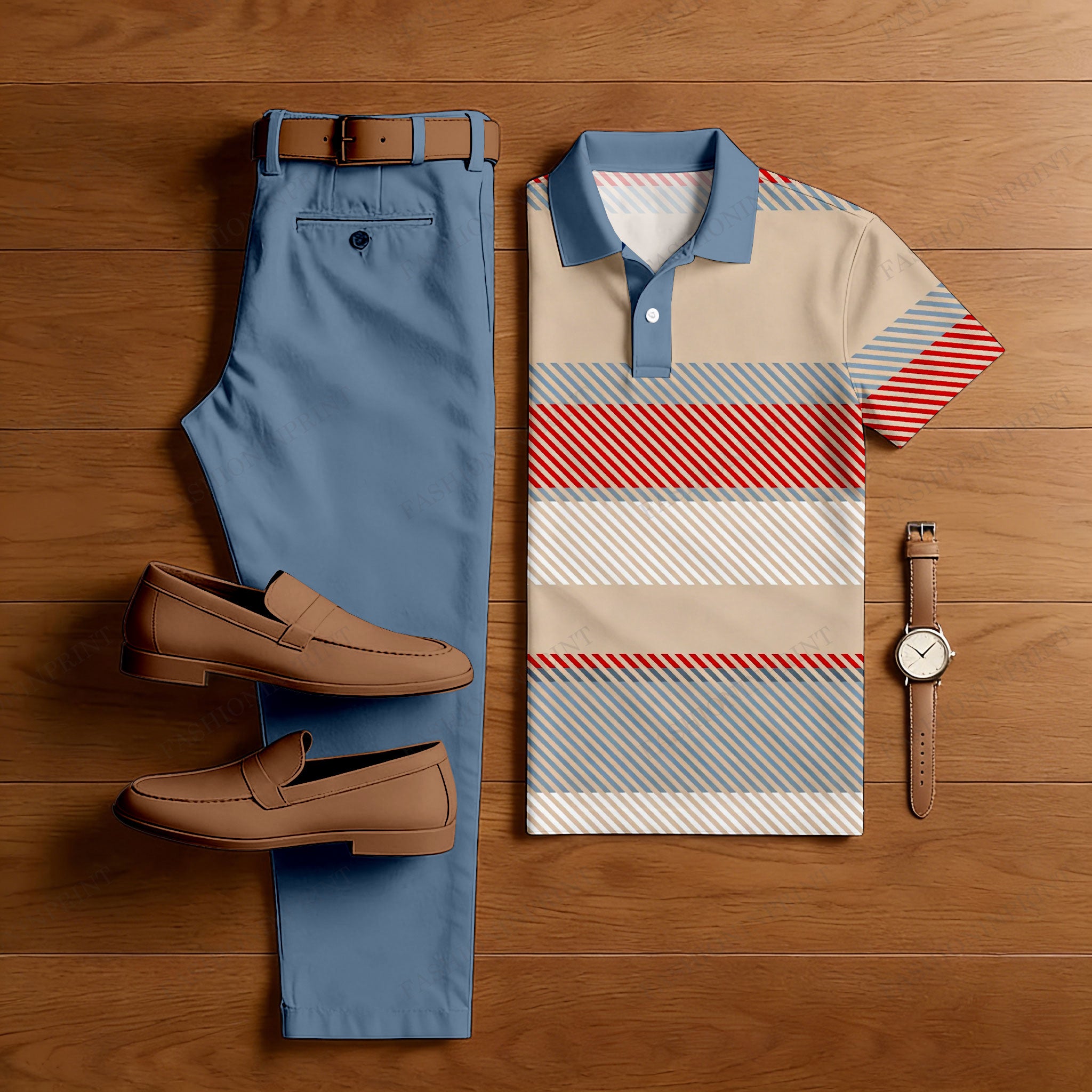 Men's Casual Color Blocking Geometry Printed Polo Shirt And Pants Two-Piece Set