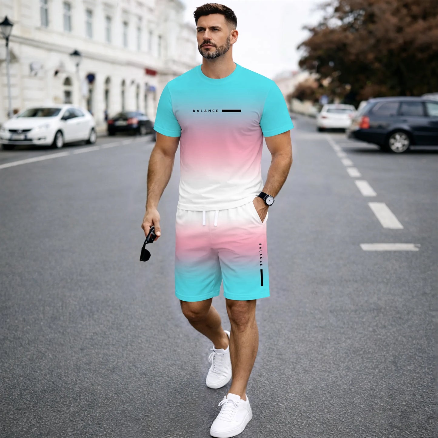 Men’s Summer 2 Piece Set, Gradient Color Short Sleeve T Shirt and Drawstring Shorts Matching Outfit, Lightweight Breathable Casual Set for Beach, Vacation, Gym, Travel, Running, and Daily Wear