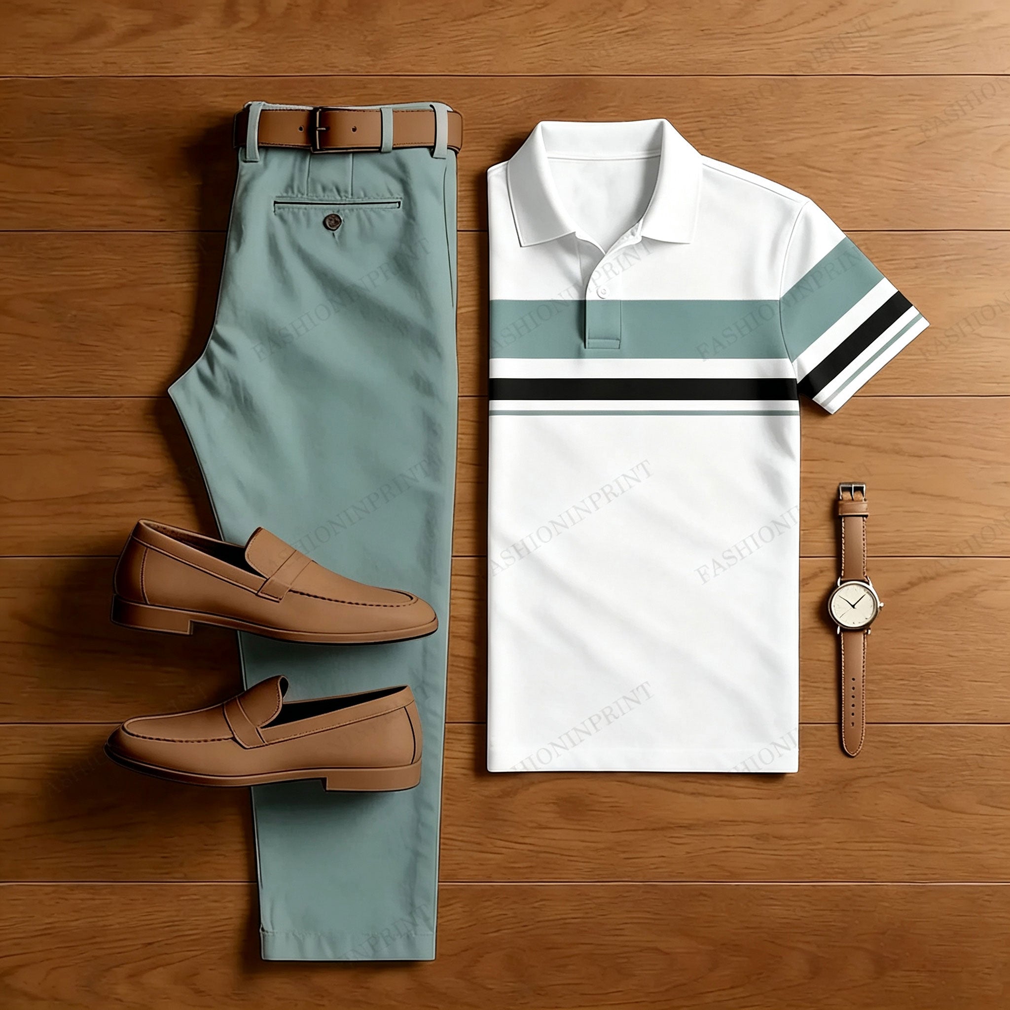 Men's Pink & White Casual Color Matching Striped Printed Short Sleeved Polo Shirt & Trousers Two-Piece Set 201766