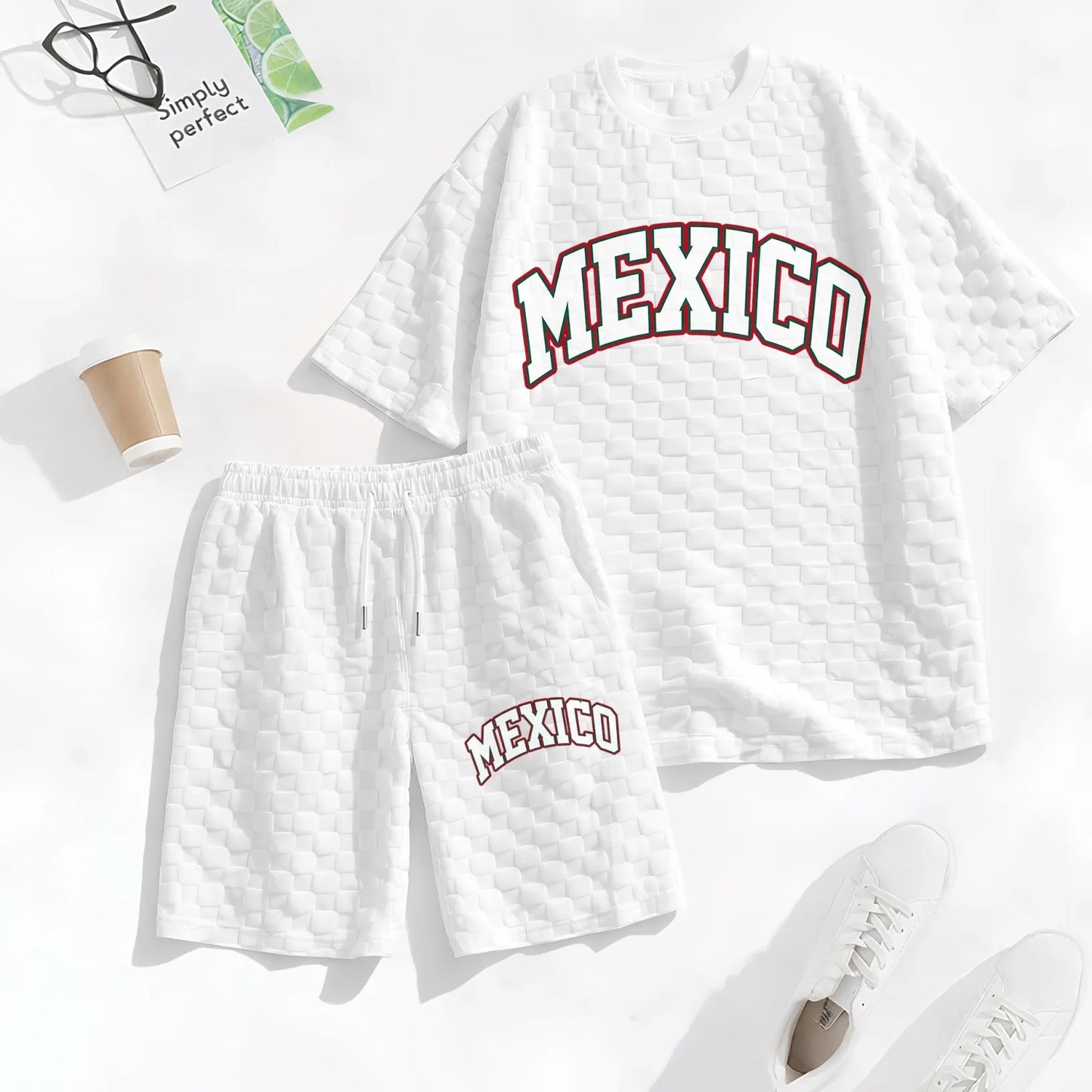 Men's Spring/Summer Mexican-Print Plaid Drawstring Shorts Set—A casual summer outfit featuring a short-sleeve shirt and shorts, ideal for both everyday wear and athletic activities