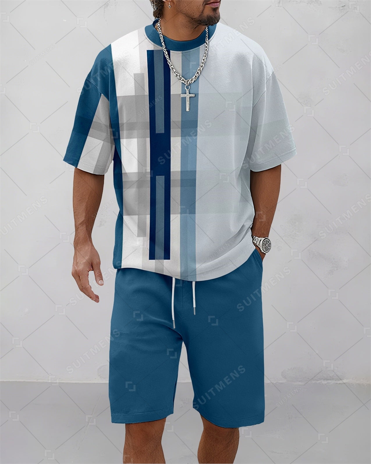 Men's Summer Colorblock Printed Round Neck Suit 083