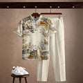 Men's Casual Off White Printed Polo Short-Sleeve T-Shirt And Pants Two-Piece Set