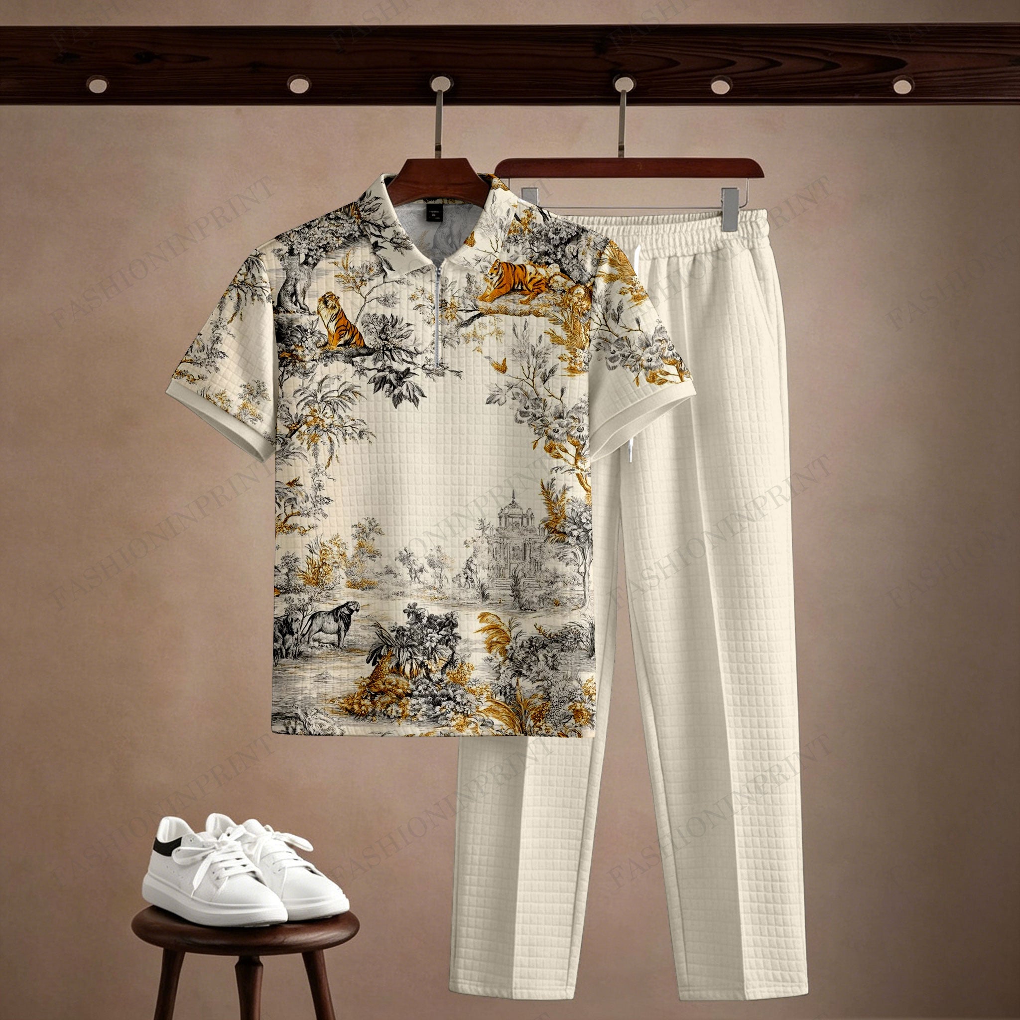Men's Casual Off White Printed Polo Short-Sleeve T-Shirt And Pants Two-Piece Set