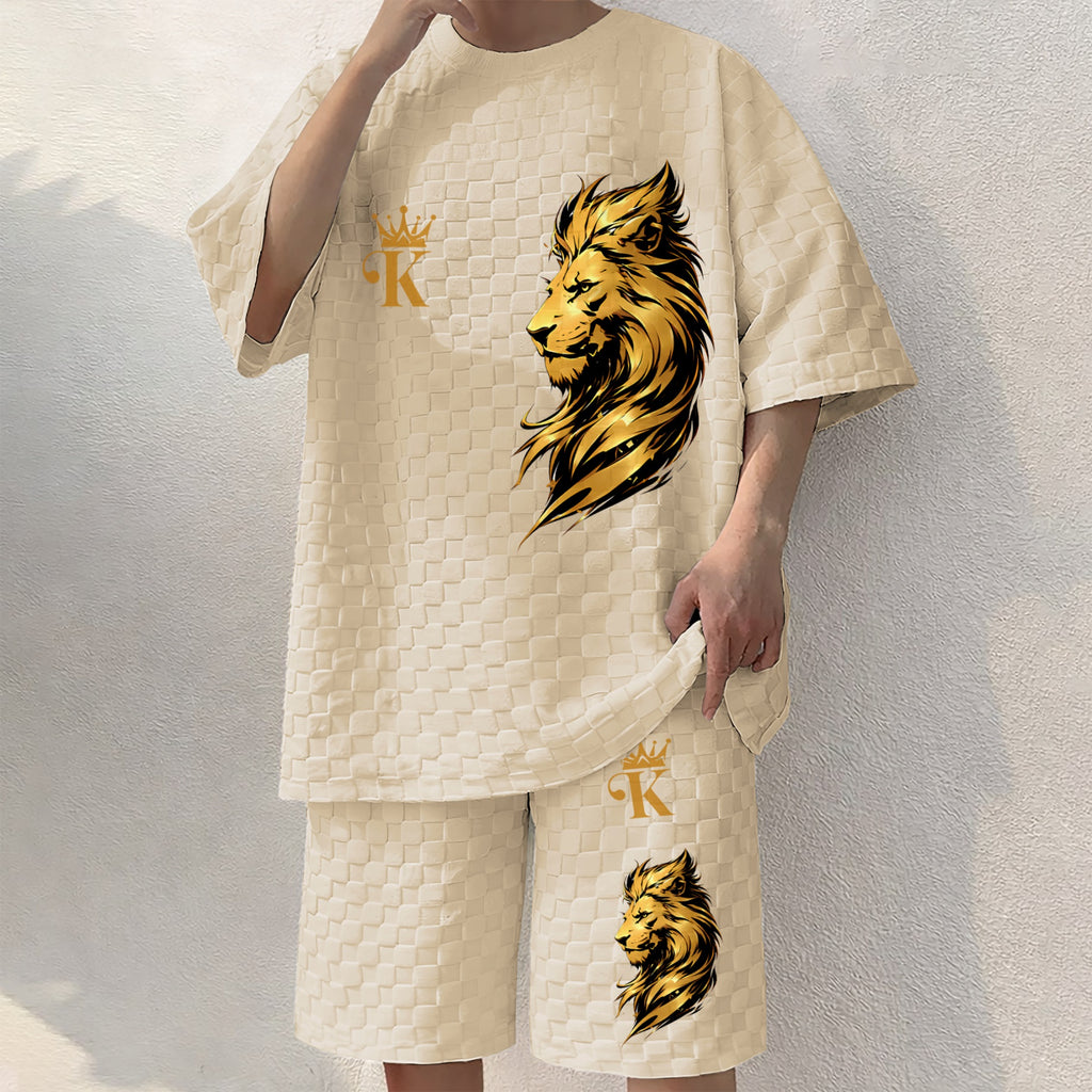 Men's KING Print Spring And Summer Drawstring Shorts Set, A Casual Summer Outfit, Including A Short-Sleeved Shirt And Shorts, Suitable For Everyday Wear And Sports Activities.