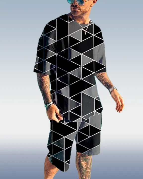 Men's casual color matching printed shorts set 413
