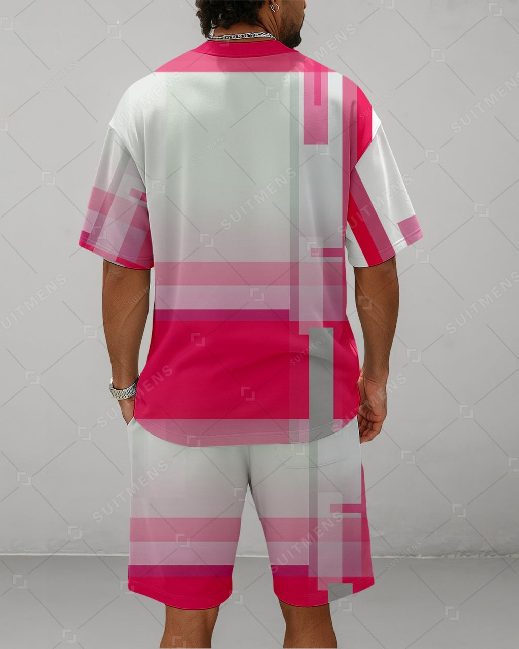 Men's Summer Colorblock Printed Round Neck Suit 069