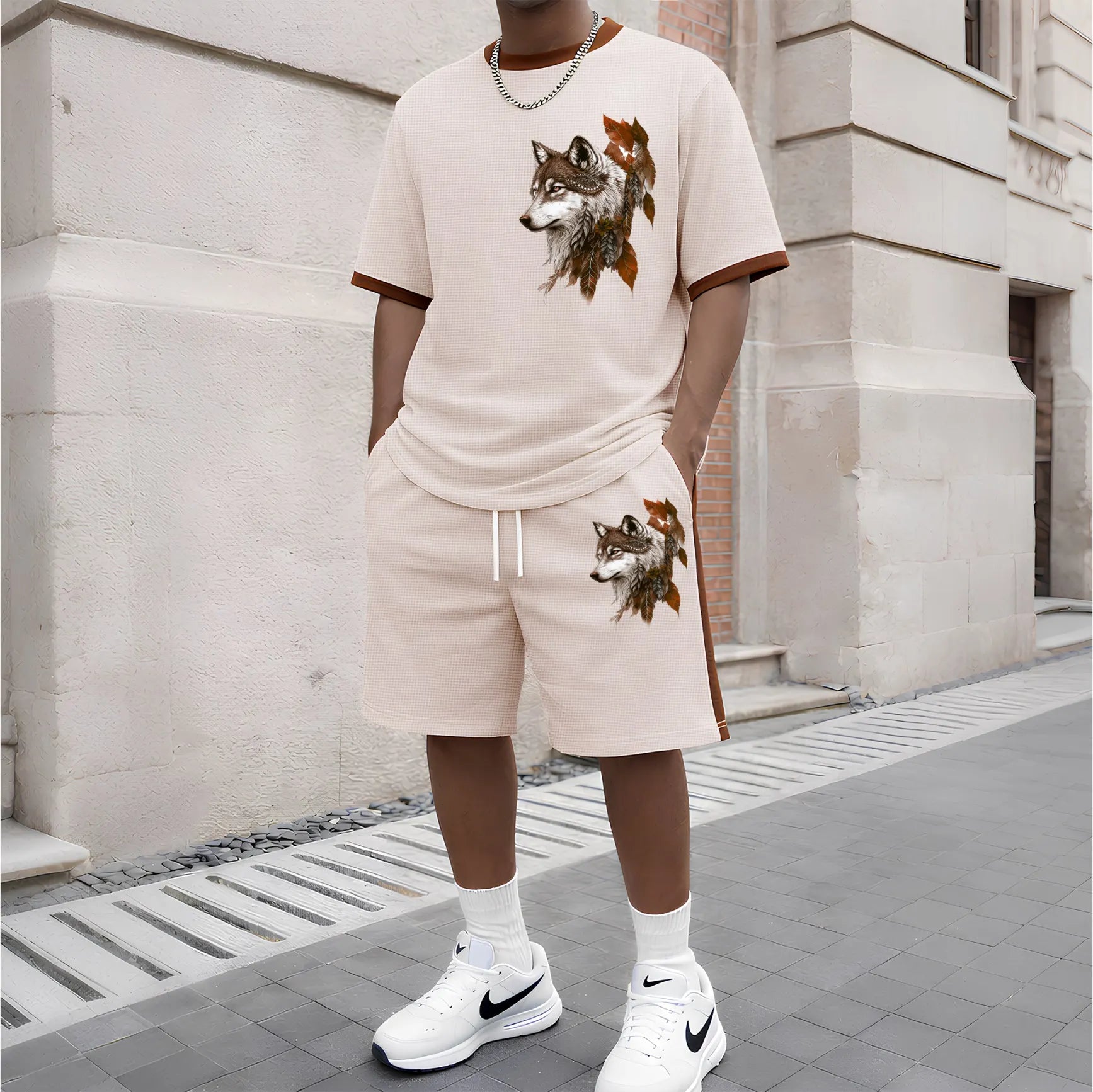Men's Wolf King Pattern Short-Sleeve T-Shirt and Drawstring Shorts Set, Men's Clothing, Casual Sportswear Short-Sleeve Top and Shorts, Summer Men's Everyday Wear, Indoor and Outdoor Sportswear, Sports Set