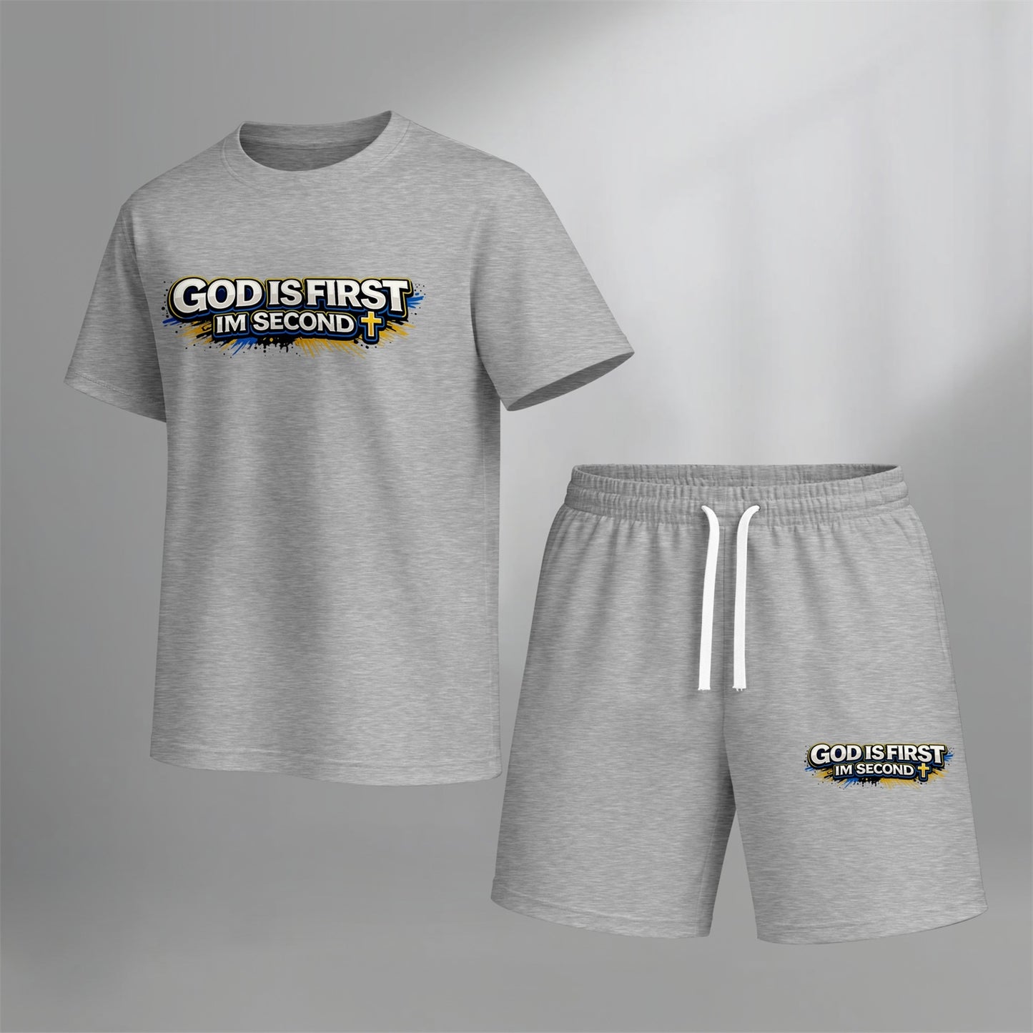 Men’s Christian Summer 2 Piece Set, God Is First I’m Second Graphic Short Sleeve T Shirt and Drawstring Shorts Matching Outfit, Lightweight Breathable Casual Set for Beach, Vacation, Gym, Travel, and Daily Wear