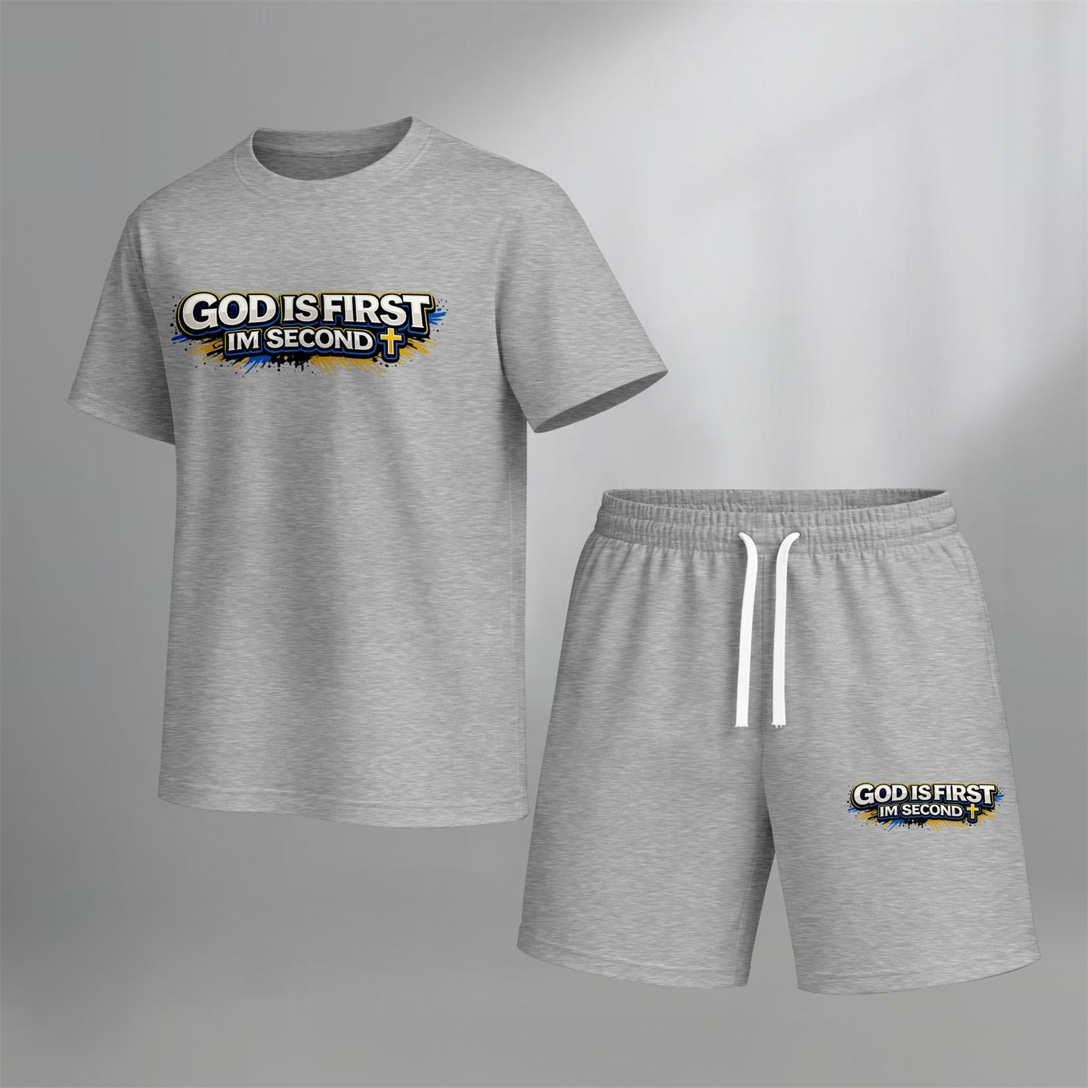 Men’s Christian Summer 2 Piece Set, God Is First I’m Second Graphic Short Sleeve T Shirt and Drawstring Shorts Matching Outfit, Lightweight Breathable Casual Set for Beach, Vacation, Gym, Travel, and Daily Wear