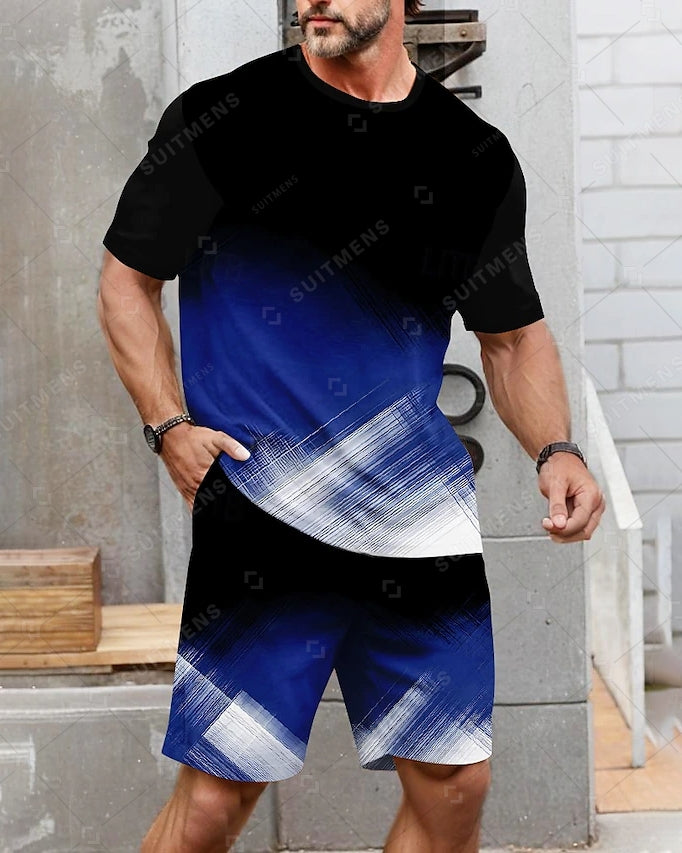 Men's Summer Color Matching Print Round Neck Set 232