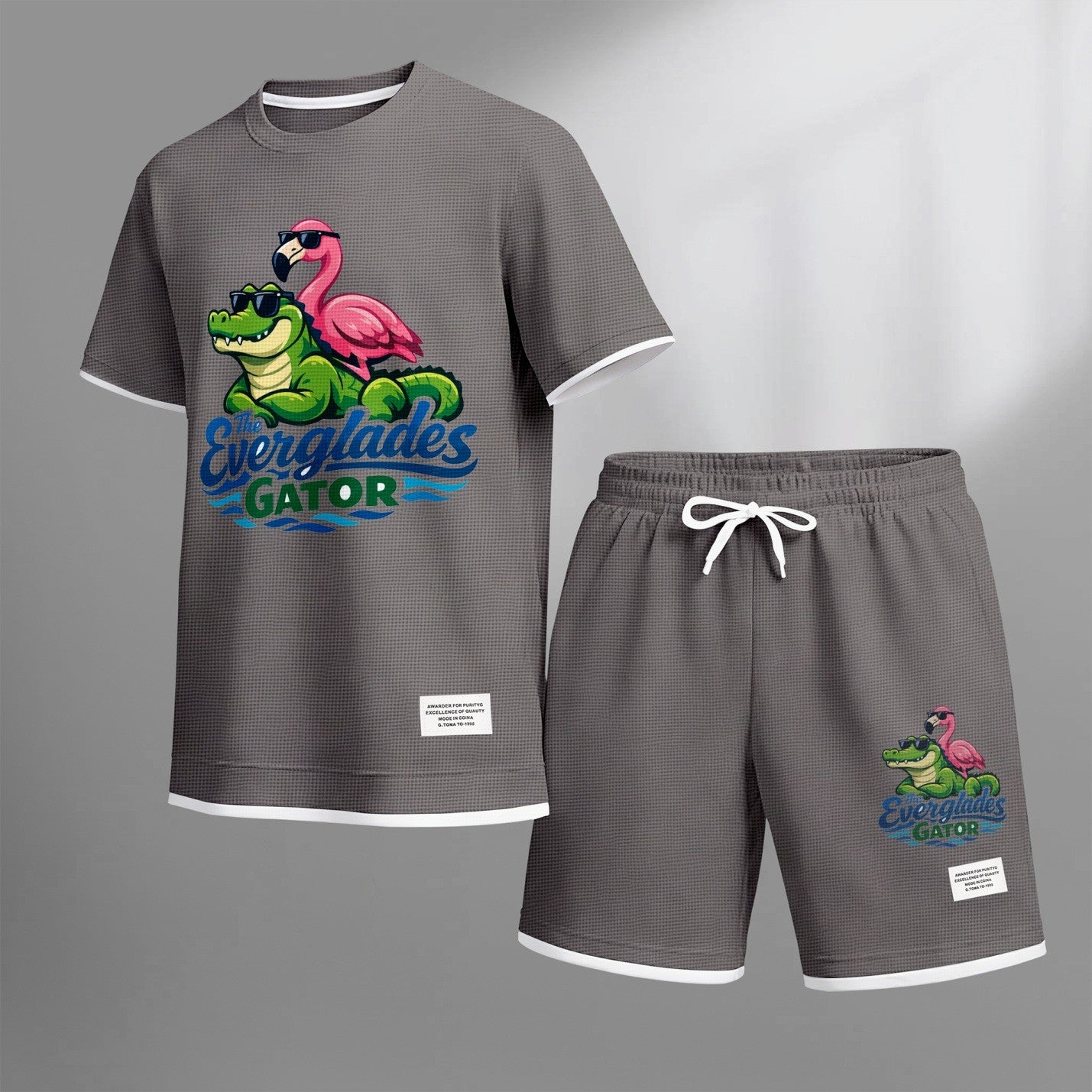 Men's Amusing Animals print drawstring shorts set for spring/summer, a casual summer outfit including a short-sleeved shirt and shorts, suitable for everyday wear and sports. A two-piece set for a relaxed and energetic lifestyle.