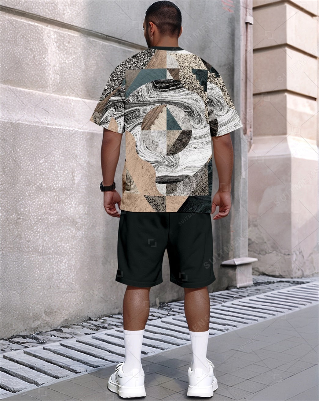 Men's Summer Colorblock Printed Round Neck Set 808