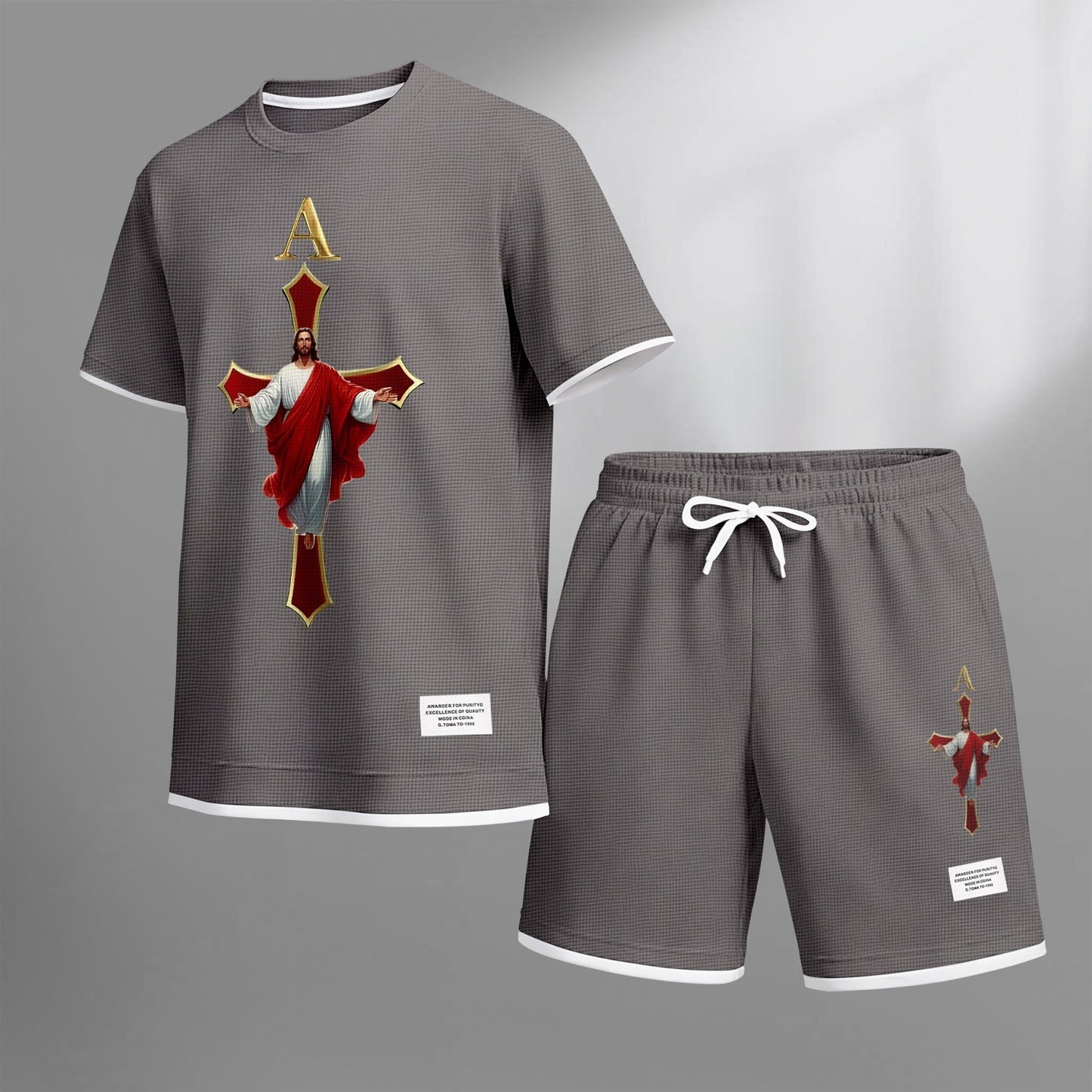 Men's Jesue print drawstring shorts set for spring/summer, a casual summer outfit including a short-sleeved shirt and shorts, suitable for everyday wear and sports. A two-piece set for a relaxed and energetic lifestyle.