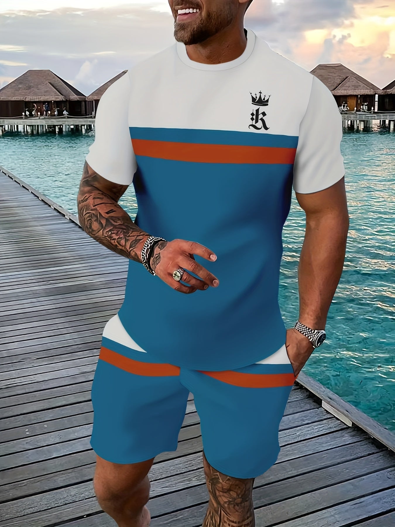 Men's Classic Colorblock Summer Round Neck Suit 196