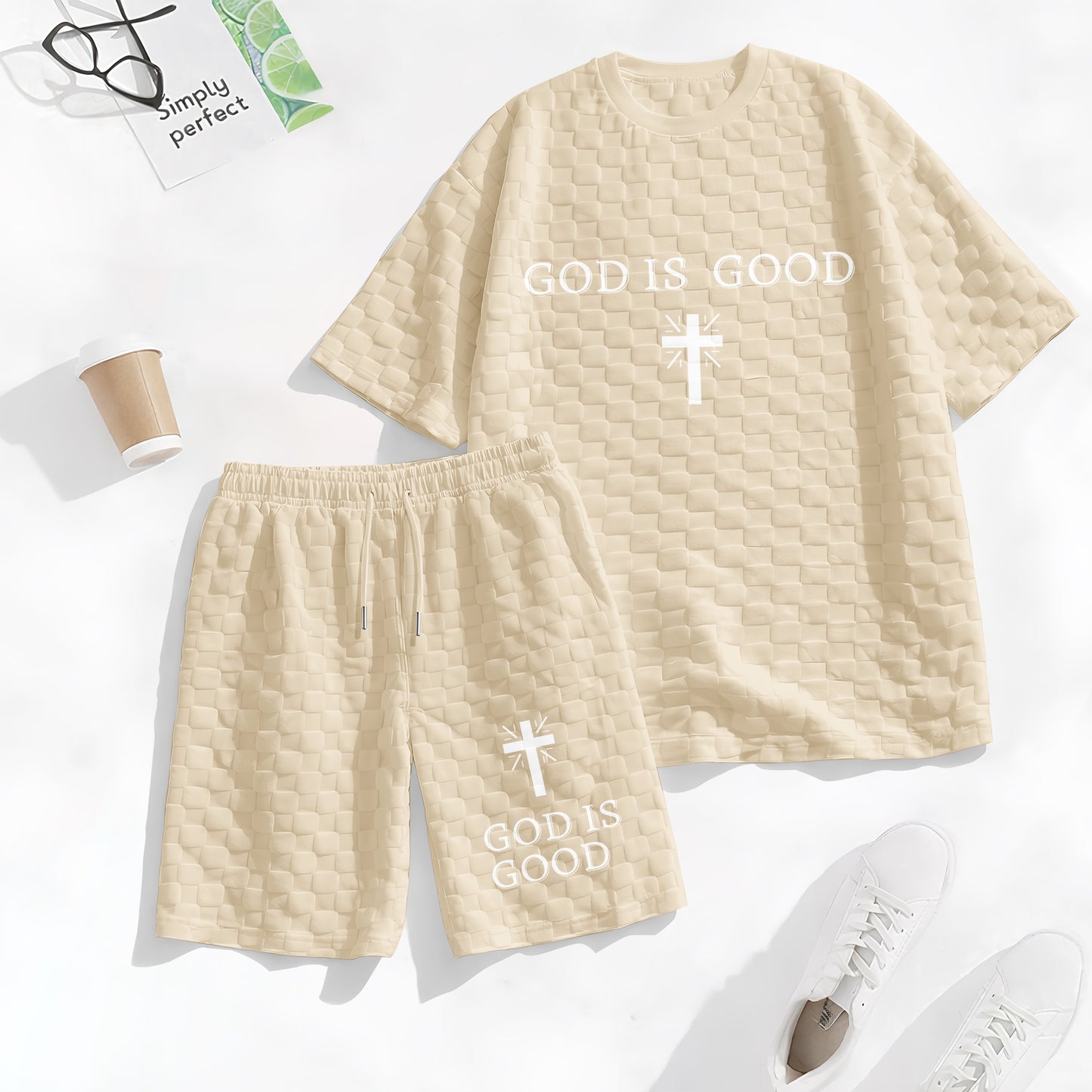 Men's Spring and Summer God is Good Letter Print Checkered Fabric Drawstring Shorts Set, Casual Summer Outfit with Short-Sleeved Shirt and Shorts, Ideal for Everyday Wear and Sports Activities