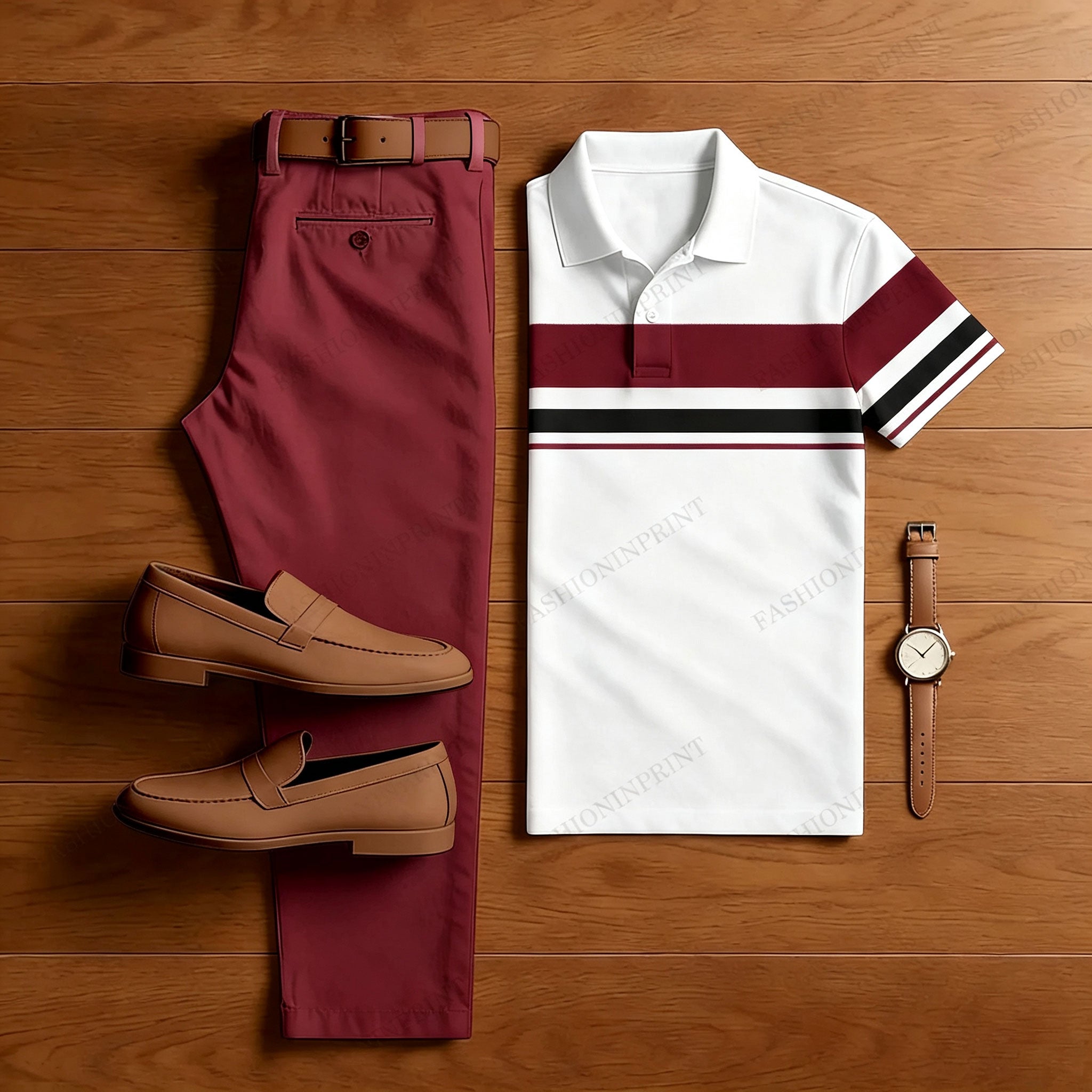Men's Pink & White Casual Color Matching Striped Printed Short Sleeved Polo Shirt & Trousers Two-Piece Set 201766