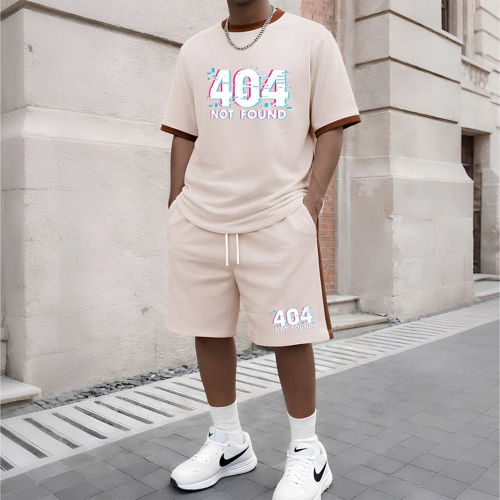 Men's 404 Pattern Short-Sleeve T-Shirt and Drawstring Shorts Set, Men's Clothing, Casual Sportswear Short-Sleeve Top and Shorts, Summer Men's Everyday Wear, Indoor and Outdoor Sportswear, Sports Set