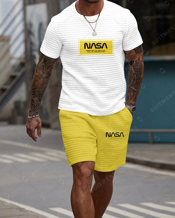 Men's Casual Waffle Textured Summer Round Neck Short Sleeve Shorts Set 008