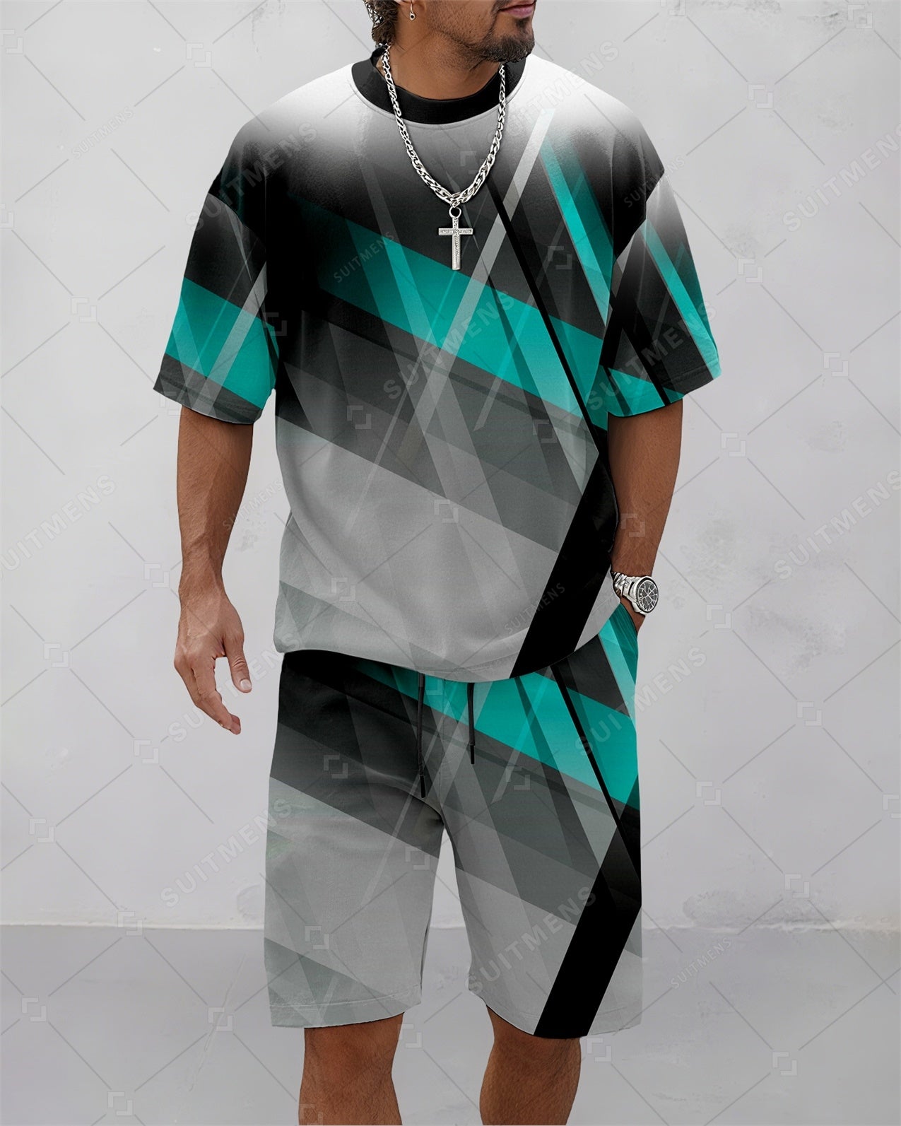 Men's Summer Colorblock Printed Round Neck Suit 081