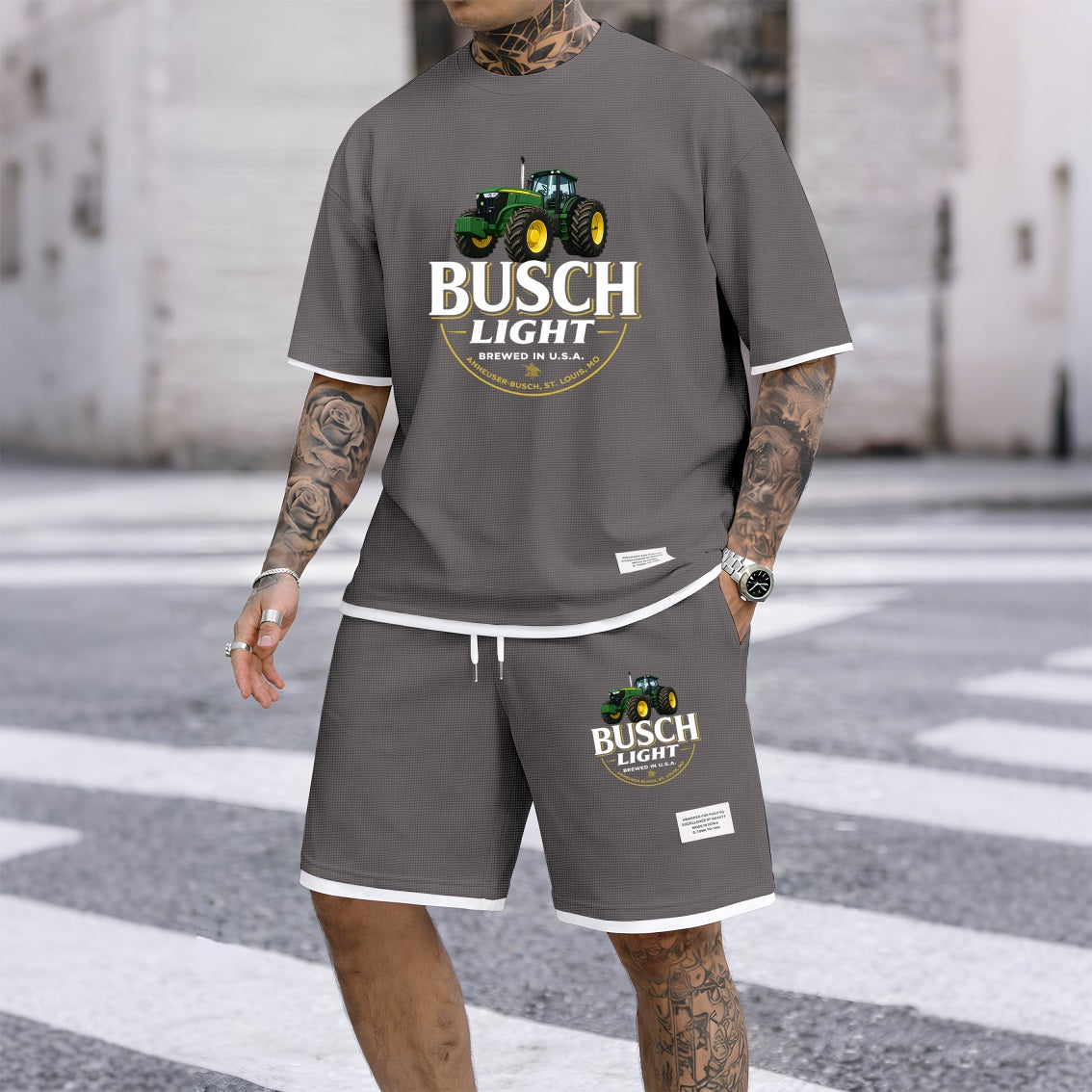 Men's Outdoor Iced Beer Print Waffle Fabric Short-Sleeved Shirt And Shorts Set