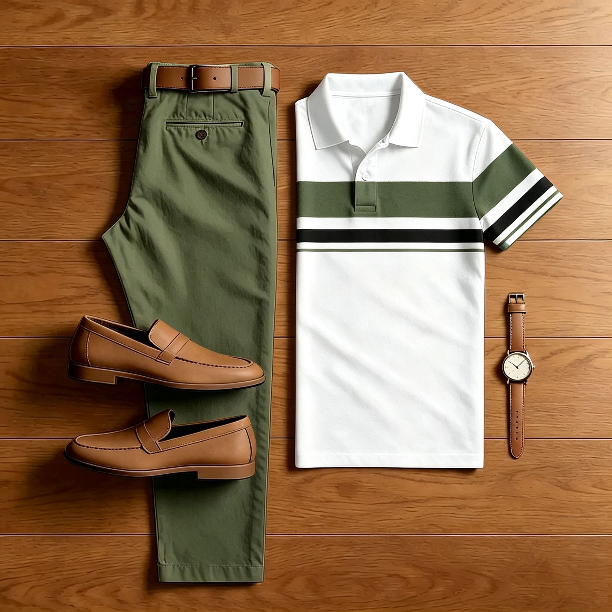 Men's Pink & White Casual Color Matching Striped Printed Short Sleeved Polo Shirt & Trousers Two-Piece Set 201766