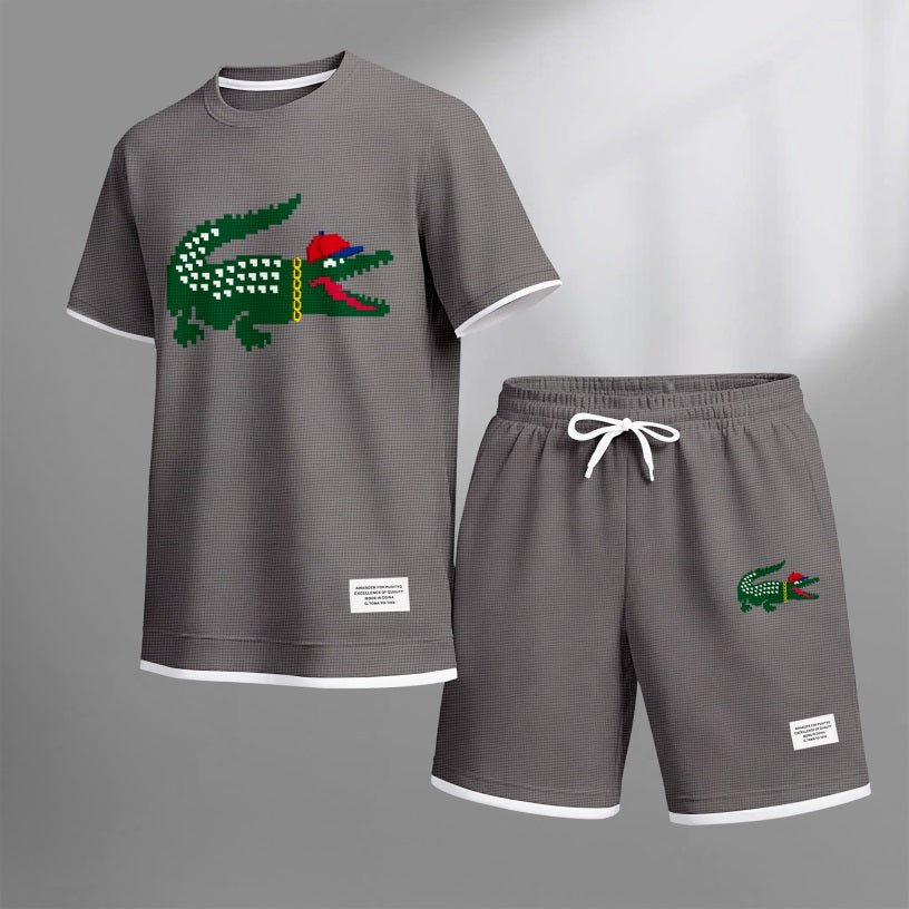 Men's Hip-Hop Crocodile Print Waffle Fabric Short-Sleeved Shirt And Shorts Set