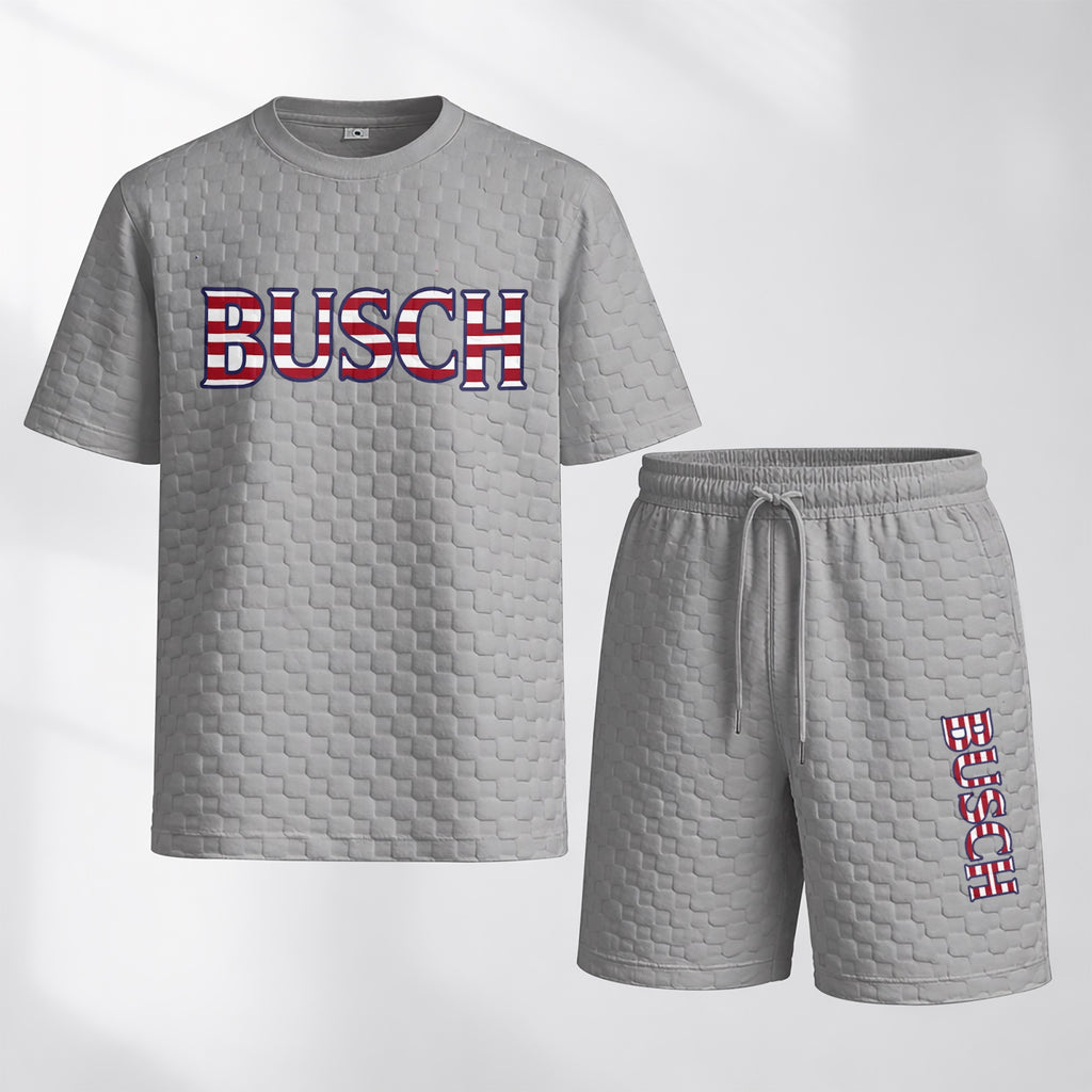 Men's Spring/Summer Drawstring Shorts Set featuring Beverage-Print Plaid Fabric—A casual summer ensemble comprising a short-sleeve shirt and shorts, ideal for both daily wear and athletic activities