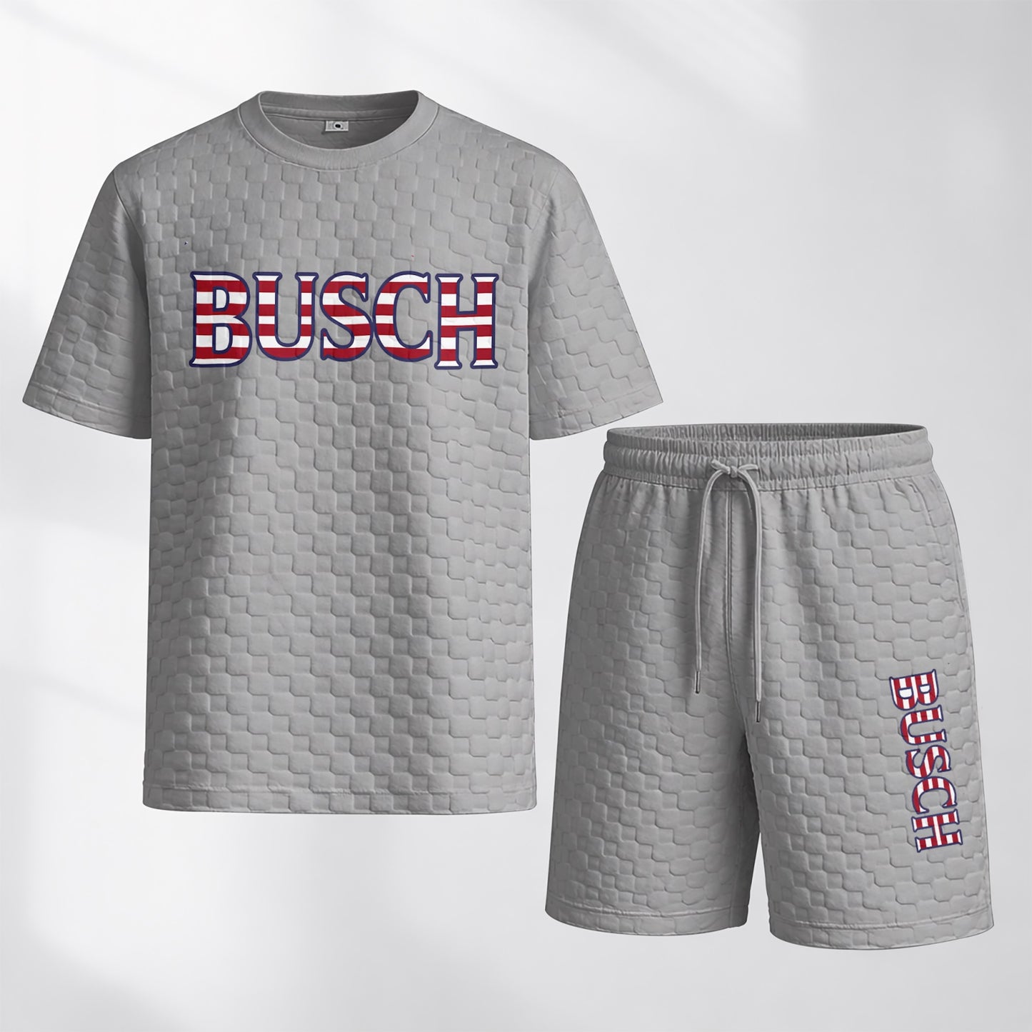 Men's Spring/Summer Drawstring Shorts Set featuring Beverage-Print Plaid Fabric—A casual summer ensemble comprising a short-sleeve shirt and shorts, ideal for both daily wear and athletic activities